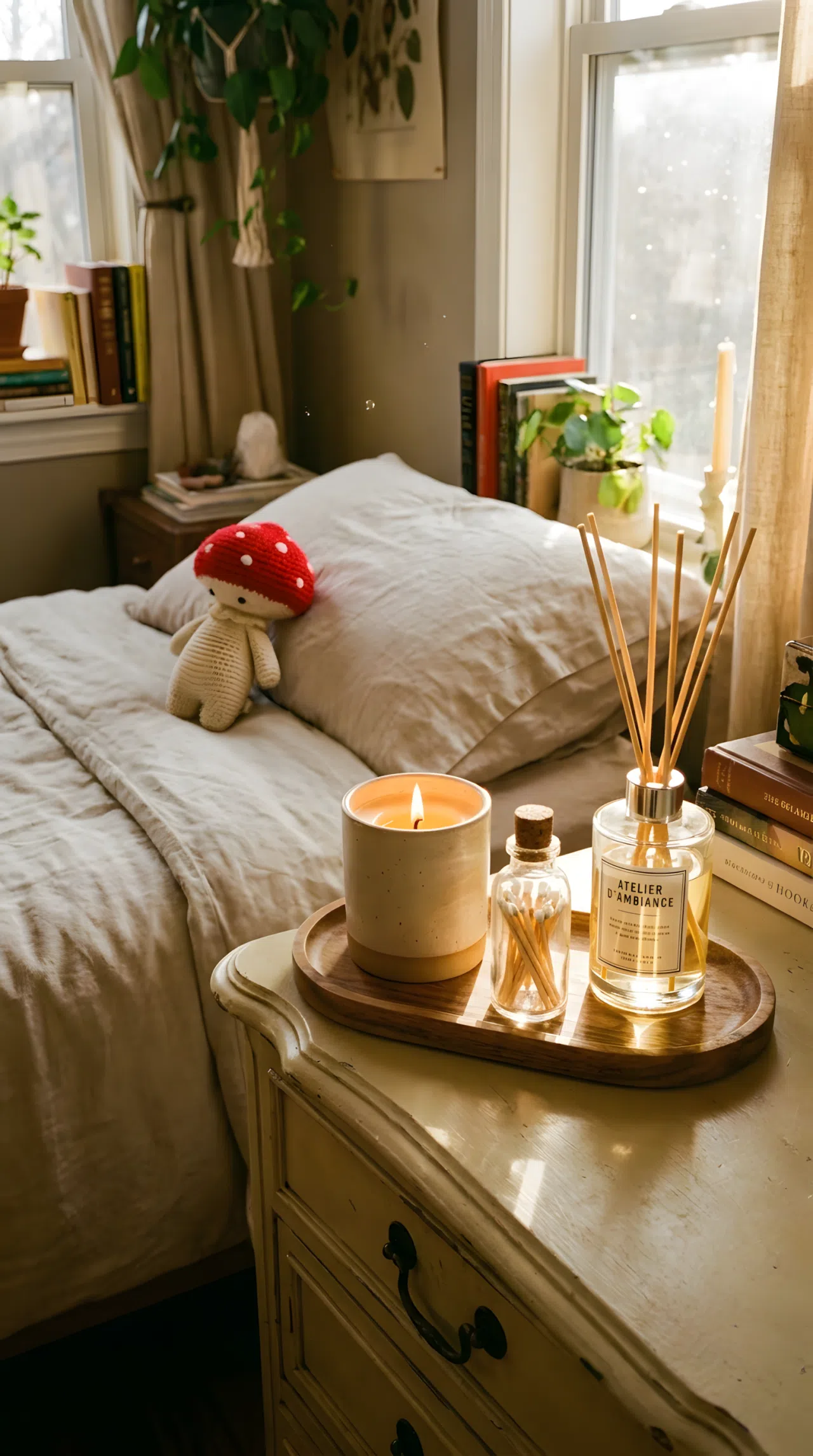 Small wooden tray with a lit candle, match striker, and diffuser bottle on a dresser near a neatly made bed, small red mushroom plush toy resting on the pillow in the background, organized styling, warm bright natural light, real-life photography, vibrant cozy tones