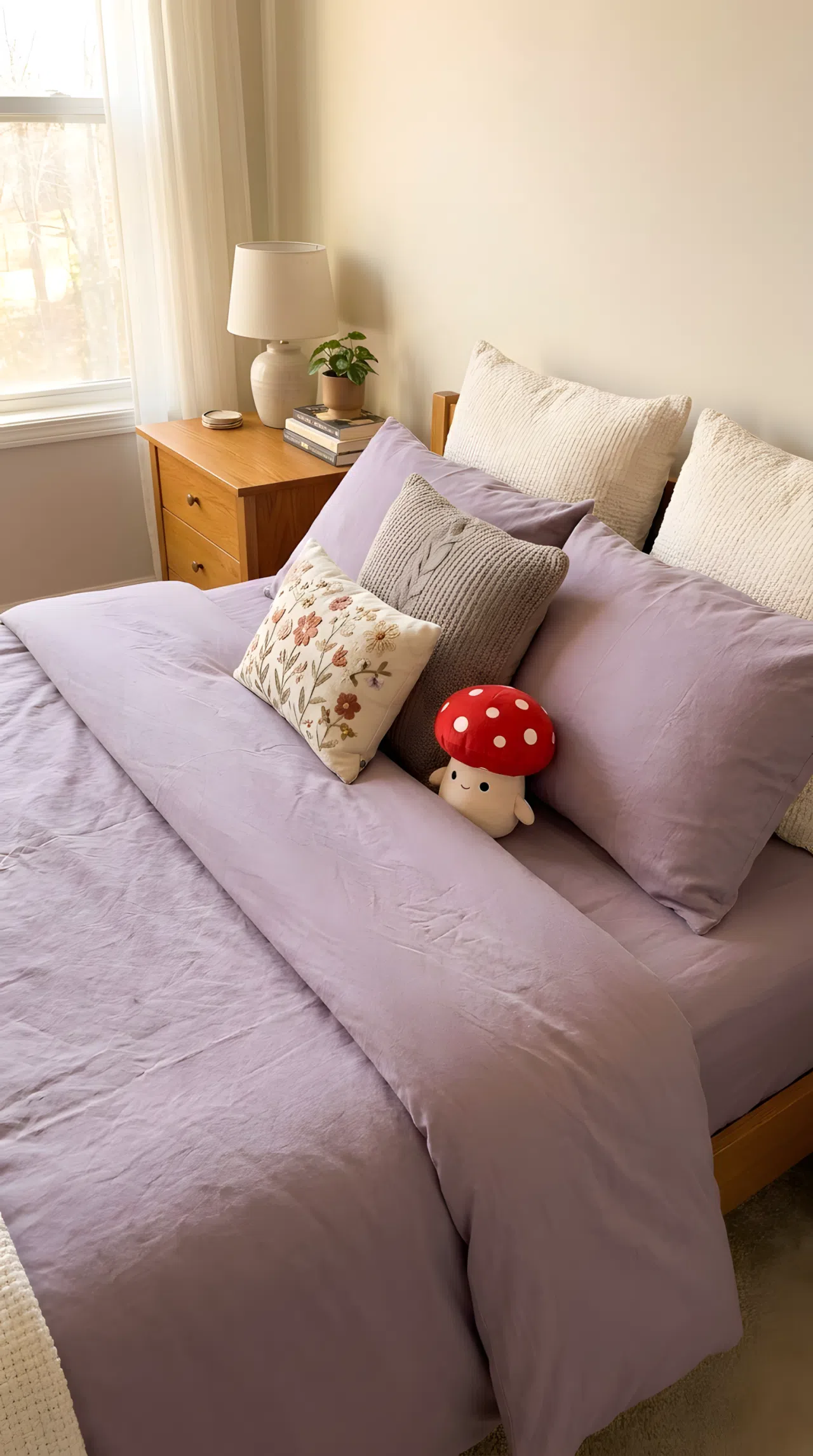 Neatly made bed with dusty lavender bedding (RGB 181, 159, 190), warm wood nightstand, small red mushroom-shaped plush toy on the pillow, beautifully arranged textured pillows, organized styling, bright natural light, real-life photography, vibrant soft color