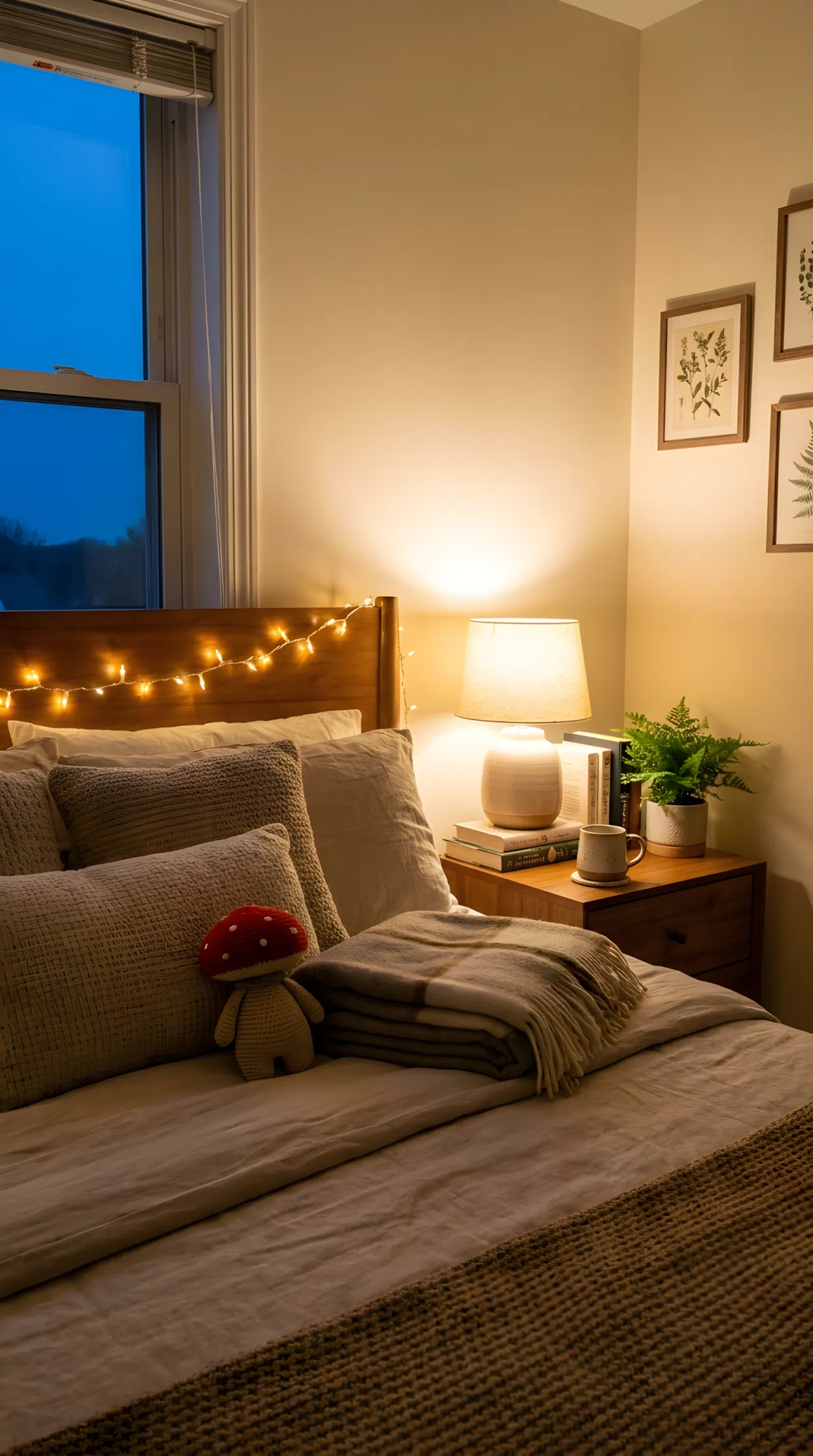 Cozy bedroom corner at dusk, warm string lights draped low along the headboard casting soft amber glow across the pillows, small red mushroom toy tucked beside a folded blanket on a neatly made bed, bedside lamp positioned to wash light across the wall, organized nightstand, clean styling, real-life photography, vibrant warm lighting, no overhead light