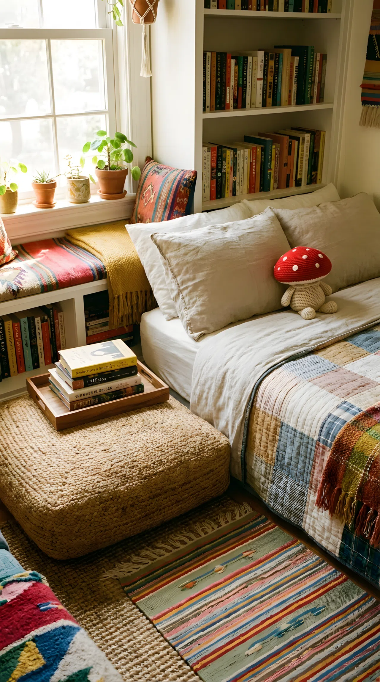 Small reading nook beside a bed, woven floor cushion, stack of books on a wooden tray, small red mushroom plush toy sitting on the neatly made bed nearby, warm natural light streaming through a window, organized and clutter-free styling, real-life photography, cozy vibrant tones, beautifully arranged textiles