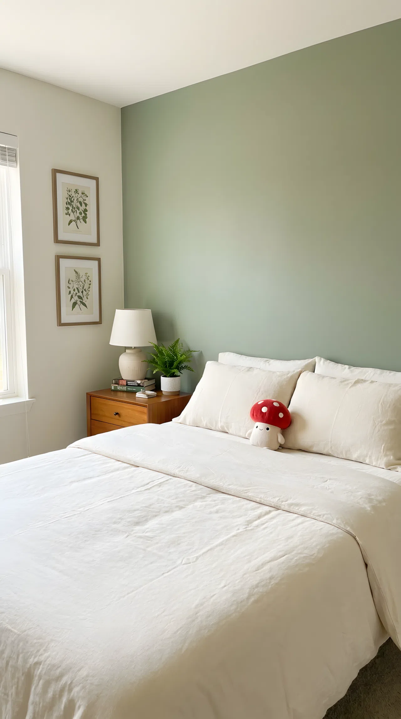Bedroom with a muted sage green accent wall (RGB 156, 175, 136) behind a neatly made bed with cream bedding, small red mushroom-shaped toy on the pillow, wooden nightstand, botanical wall art, organized styling, bright natural light, real-life photography, vibrant clean composition