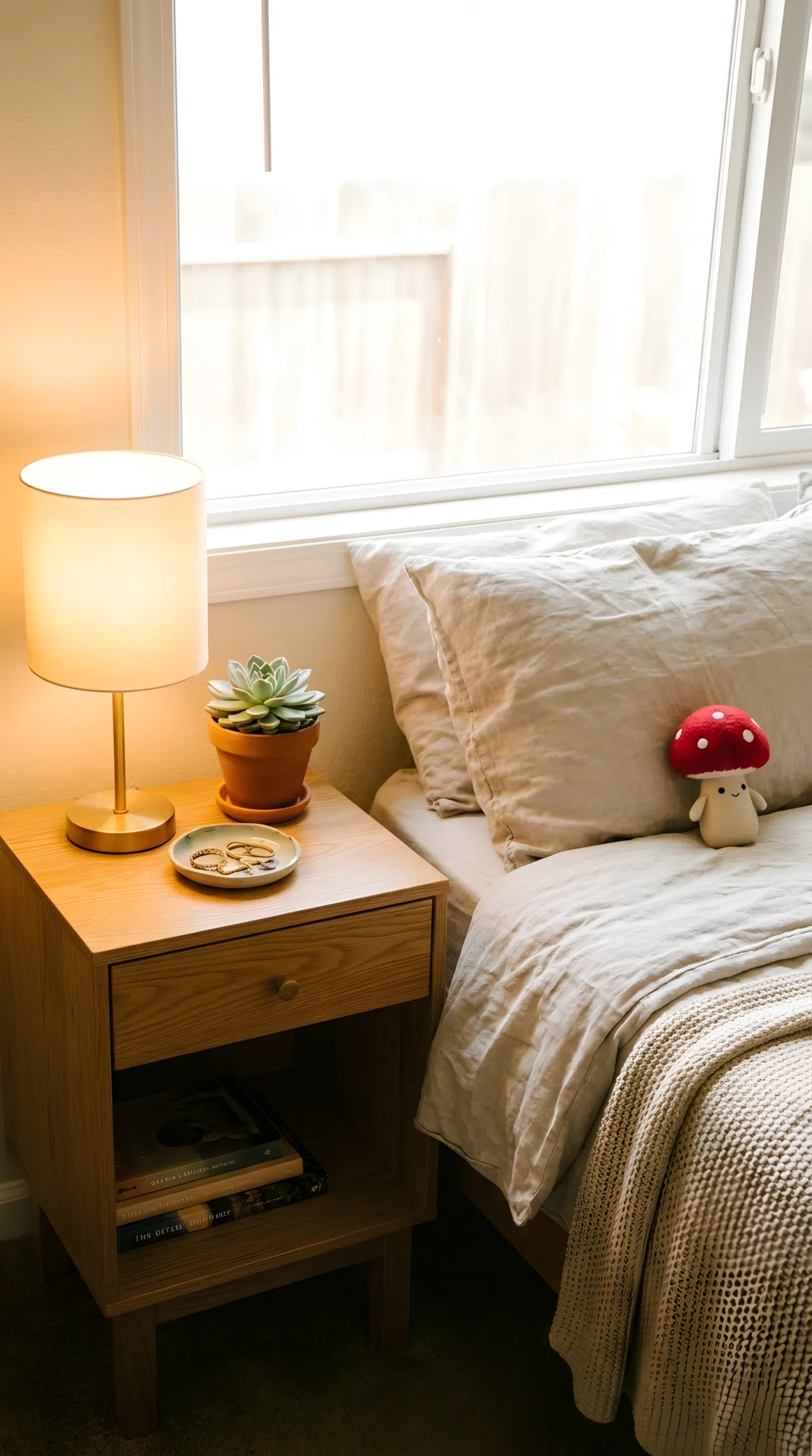 Neatly styled wooden nightstand beside a bed, small potted plant, ceramic dish, warm bedside lamp, tiny red mushroom plush toy resting near the pillow on a beautifully made bed, organized and clean surface, soft bright natural light, real-life photography, vibrant warm tones