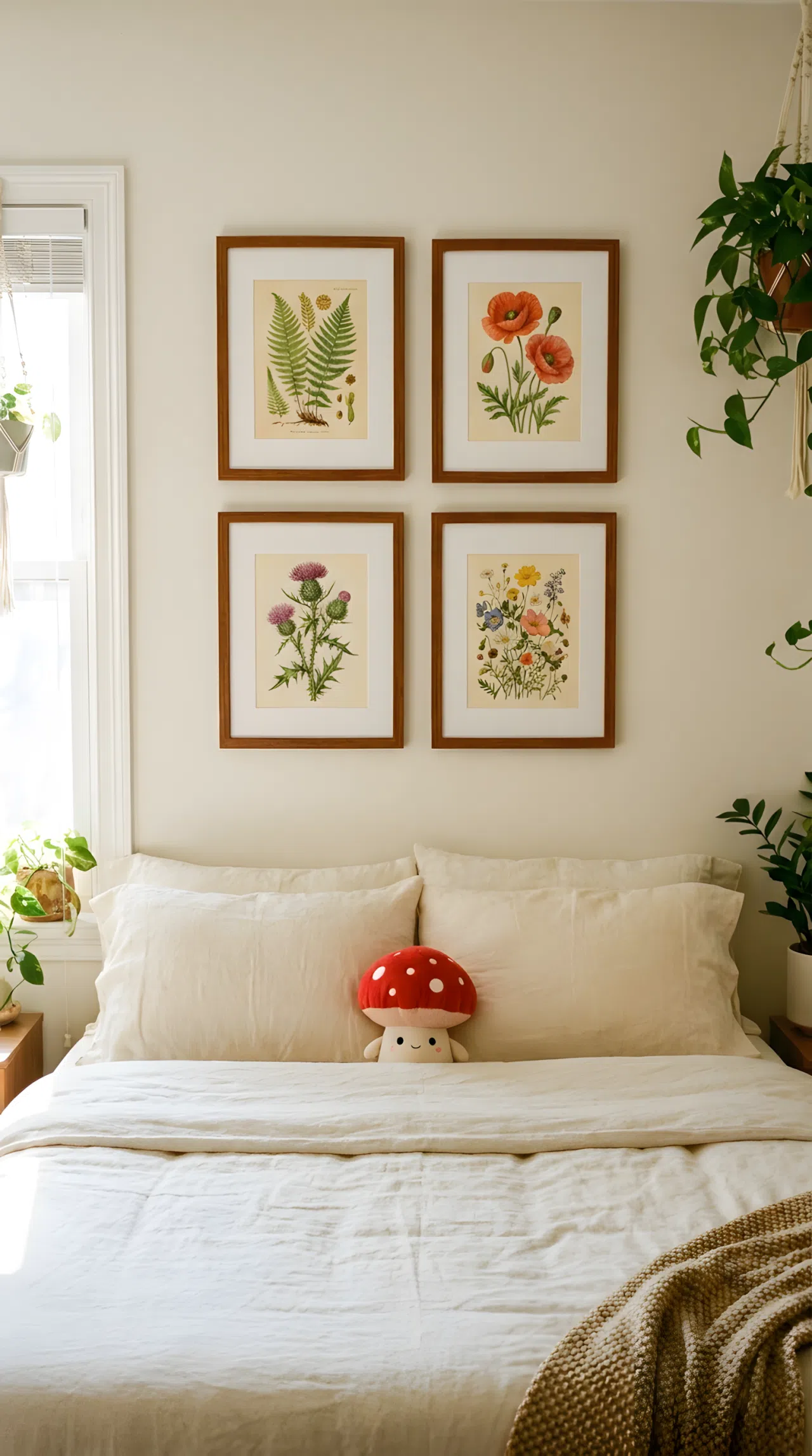Curated gallery wall of four small botanical art prints above a neatly made bed with cream bedding, small red mushroom plush toy on the pillow, warm wooden frames, organized and beautifully arranged composition, bright natural light, real-life photography, vibrant soft tones