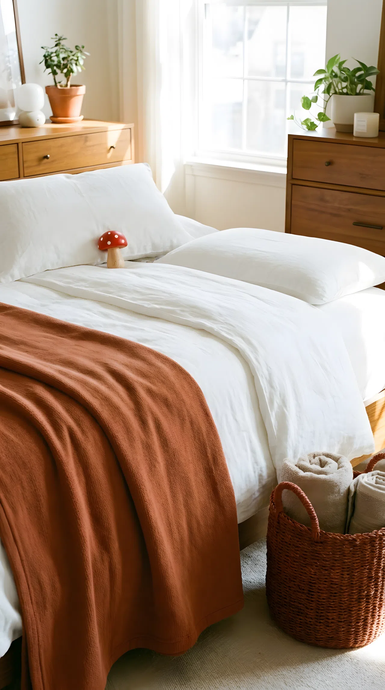 Neatly made bed with white bedding and a folded terracotta throw blanket (RGB 204, 102, 61), woven rust-toned basket beside the bed, small red mushroom-shaped toy on the pillow, organized clean styling, bright natural light, real-life photography, vibrant warm color