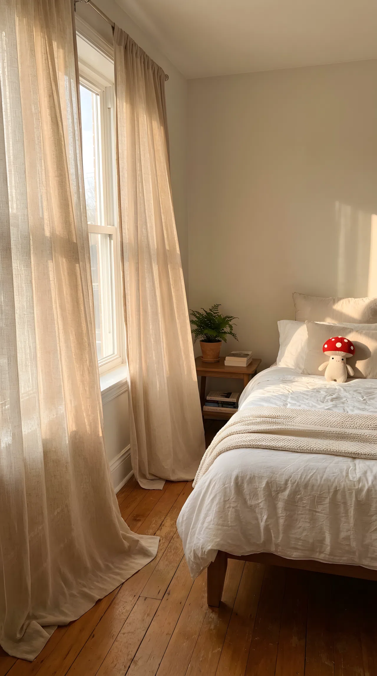 Bedroom window dressed with long linen curtains softly pooling on the floor, sunlight filtering through, neatly made bed nearby with a small red mushroom plush toy on the pillow, organized and airy styling, bright natural light, real-life photography, vibrant soft tones