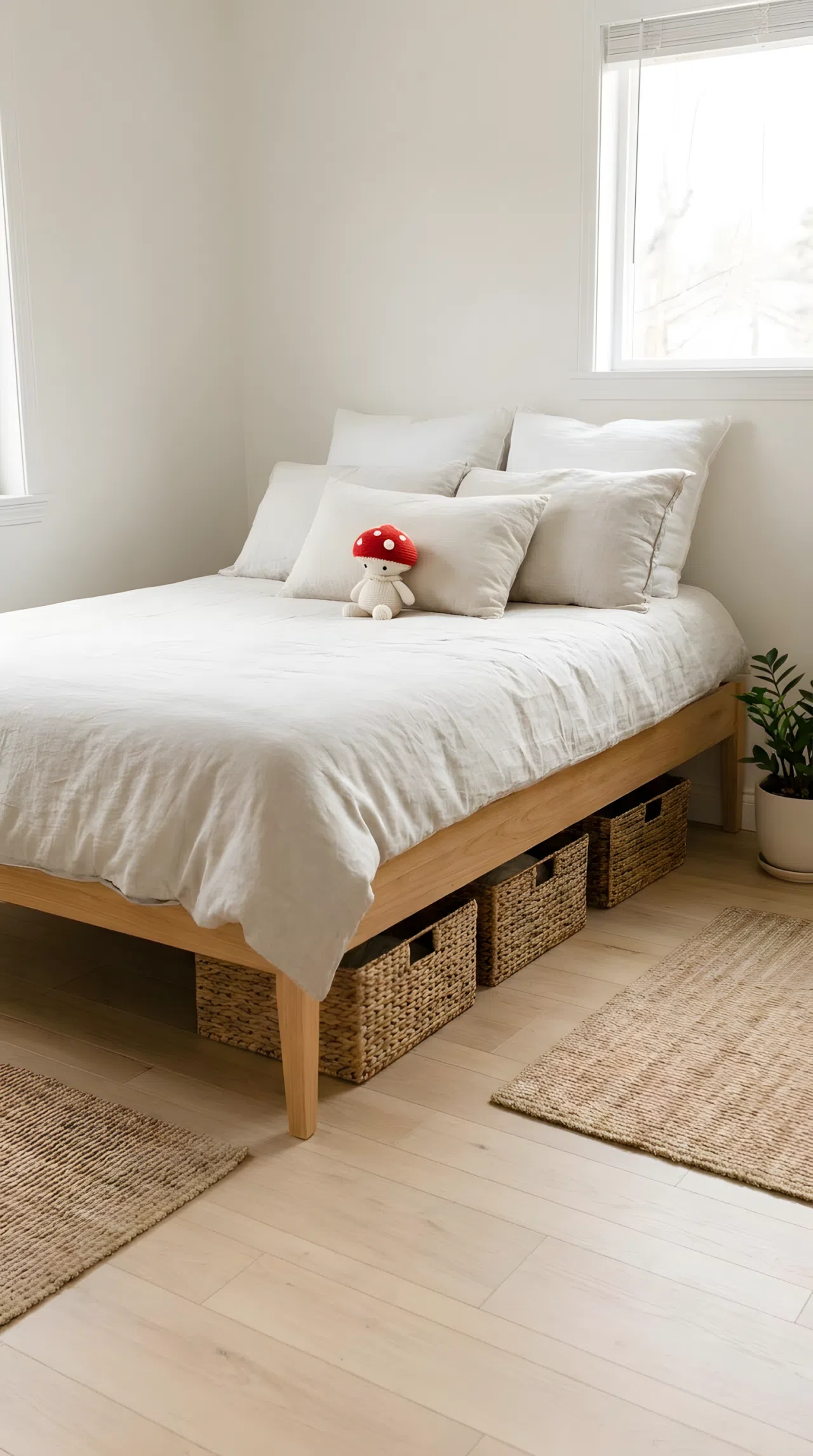 Neatly made bed with woven storage bins tucked underneath, small red mushroom plush toy resting on the pillow, organized and clutter-free floor space, soft bright natural light, real-life photography, clean vibrant styling, functional bedroom detail