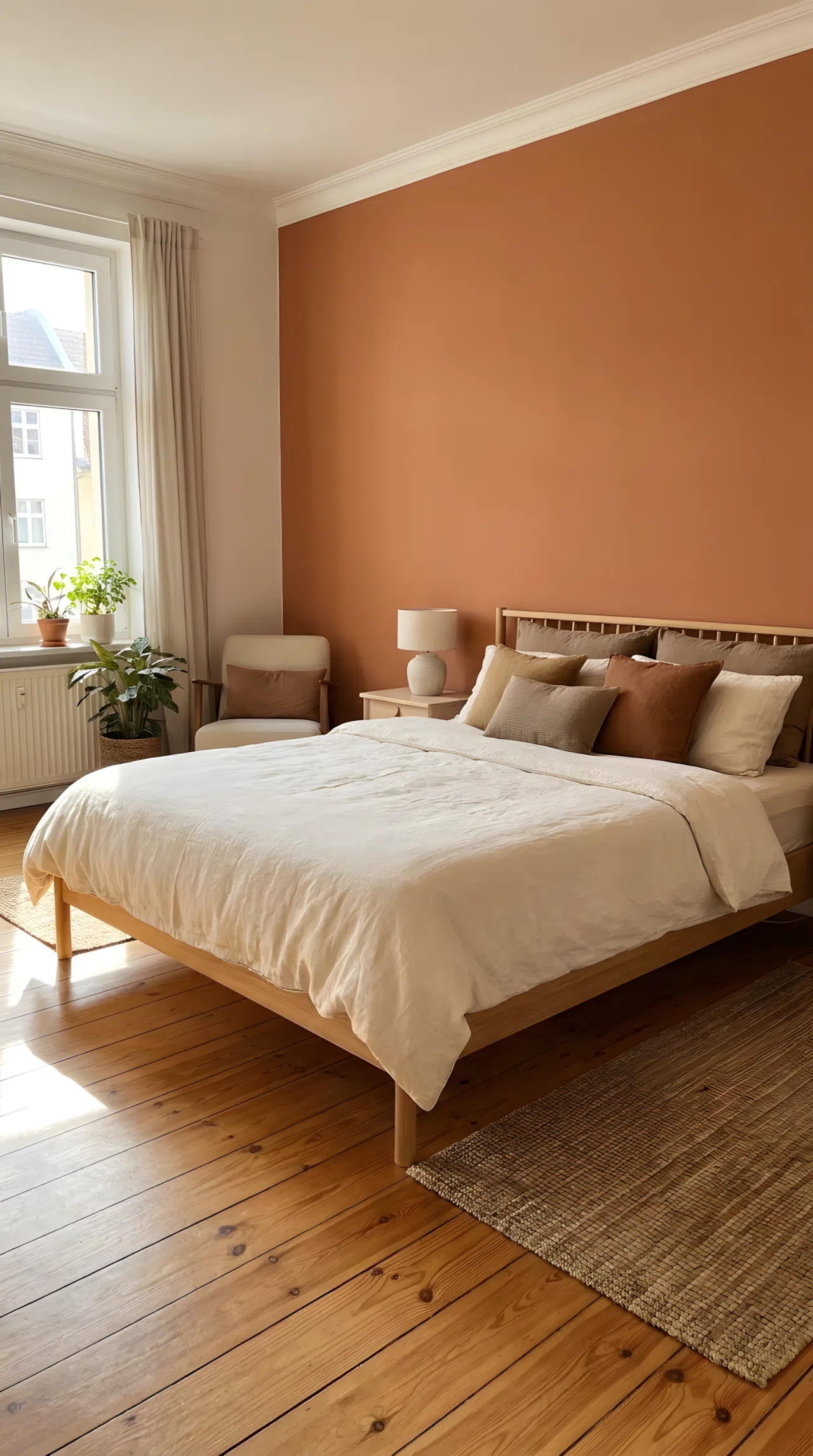 Real-life interior photography of a serene bedroom centered around a neatly made wooden bed with crisp cream linen duvet and beautifully arranged pillows. The accent wall behind the bed is painted in a warm rich terracotta clay shade RGB (204, 119, 85). Bright natural light streams through a window, illuminating the clean oak floor and organized layout in vibrant natural tones.