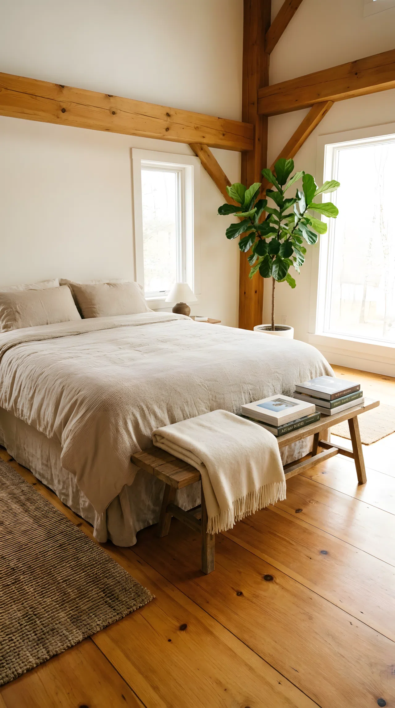 A real-life interior photograph of a spacious bedroom centered on a neatly made bed with organic beige linen sheets. Placed neatly at the foot of the bed is a slim rustic reclaimed wood bench beautifully arranged with a folded wool blanket and stacked hardcover books. Bright natural light illuminates the clean timber floor and organized space with vibrant warm wood textures.