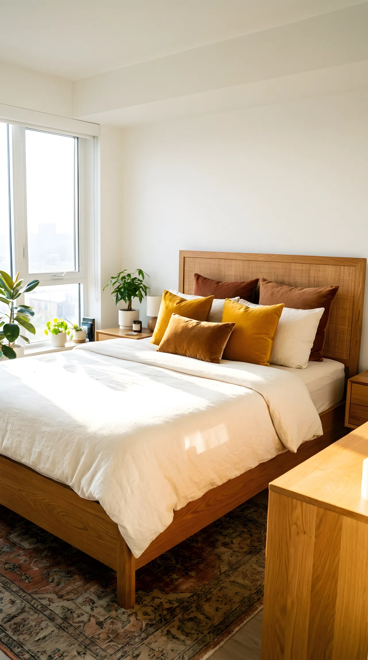 A real-life interior photograph of a clean, organized bedroom showing a neatly made wooden bed in the background. In the cozy room corner, a natural rattan armchair is beautifully arranged with a soft cream linen cushion and a folded throw. Beside it sits a small wooden side table with a cup. Bright natural light floods through the window, highlighting vibrant organic wood textures in a spotless room.