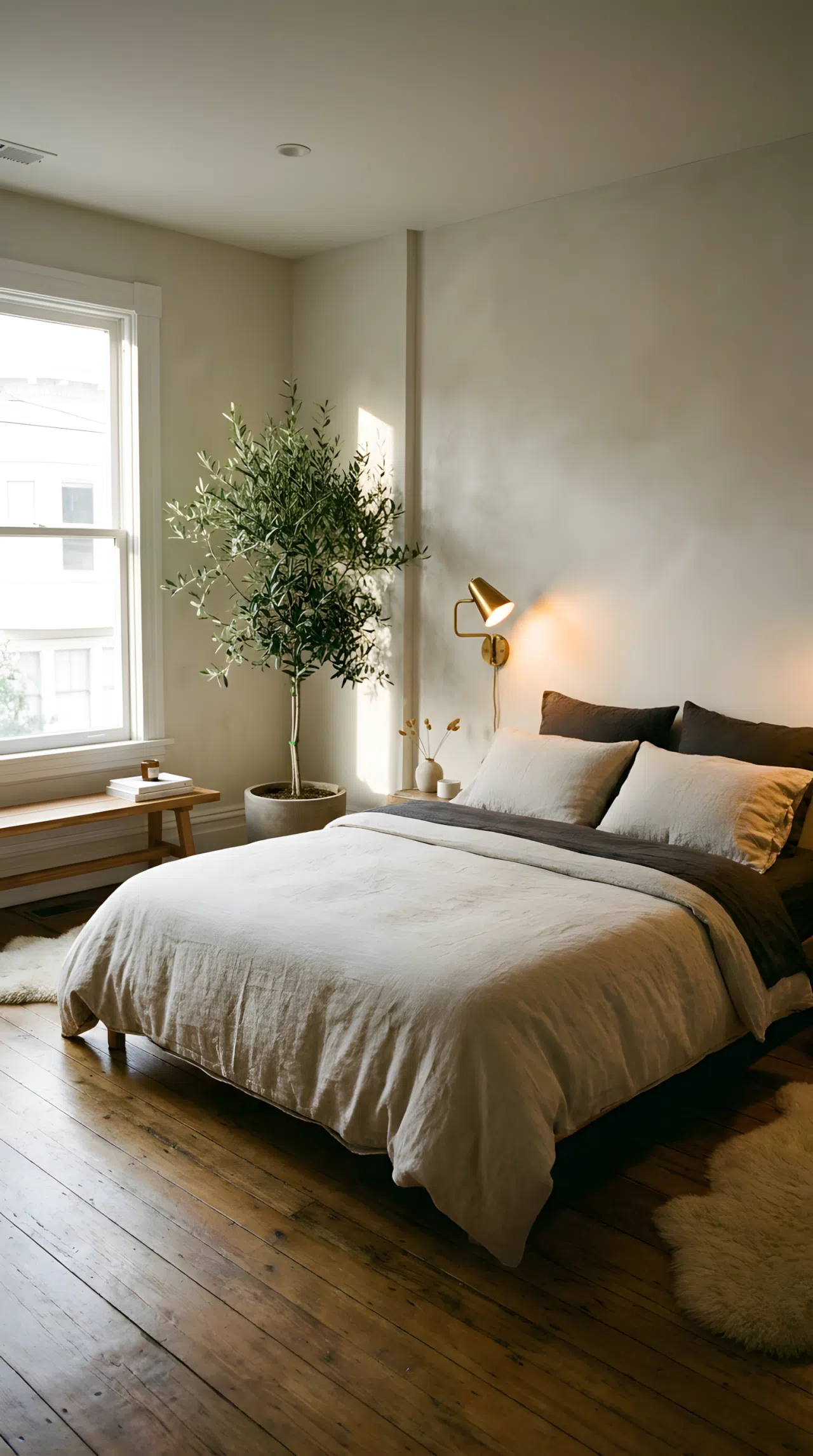 Real-life stock photography of a bright bedroom featuring a neatly made bed with soft linen bedding visible nearby. On a clean wooden dresser surface, handcrafted terracotta clay vases in earthy tones are beautifully arranged with tall dried pampas grass and eucalyptus stems. Bright natural light illuminates the organized display, highlighting rich ceramic textures in a clean, spotless room.