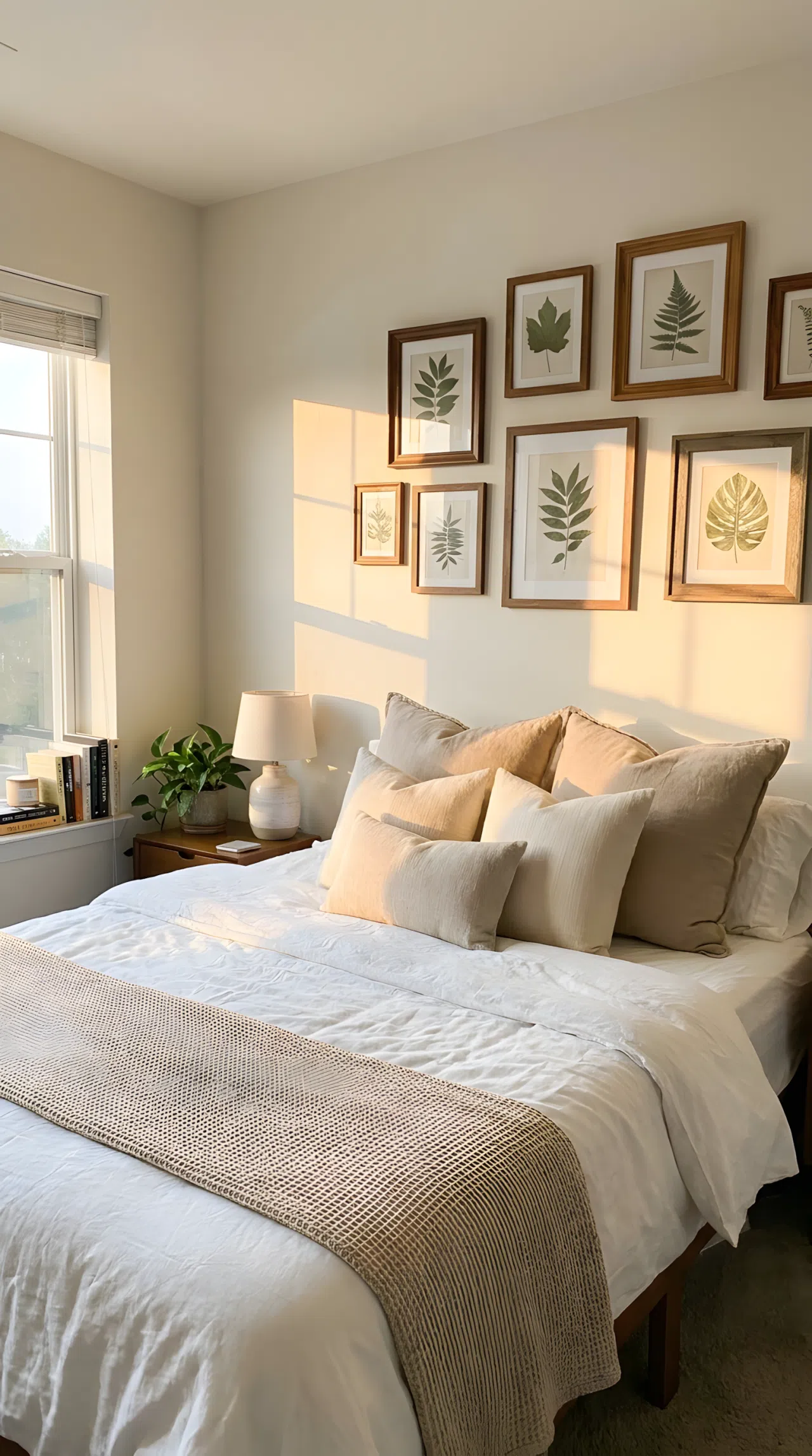 A real-life lifestyle photo of a cozy bedroom centered on a neatly made bed with white linen sheets and beige throw pillows. Mounted on the wall directly above the bed is a gallery wall beautifully arranged with thrifted wooden frames containing botanical leaf prints. Bright natural light streams across the clean, organized room, casting vibrant warm tones across the wall.