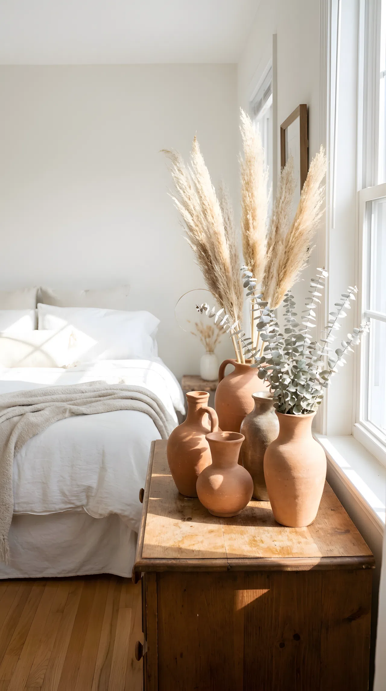 Real-life interior photography of a serene bedroom with a neatly made bed styled in organic linen sheets. Mounted low on the wall directly beside the bed frame is a warm brass swivel sconce emitting a warm amber directional light downward onto the mattress. The light beam creates a cozy, focused glow over the pillow area while bright natural light fills the clean, organized room.