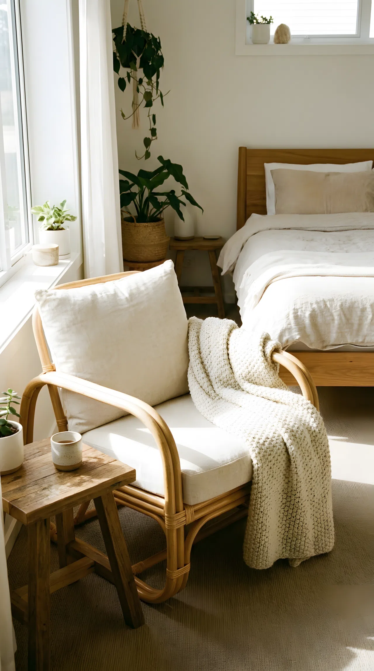 A real-life interior photograph of a bright bedroom centered around a neatly made wooden bed with crisp cream linen duvet. Accent pillows in rich ochre yellow RGB (204, 153, 0) and deep rust are beautifully arranged against the headboard. Bright natural light floods into the clean, organized room, casting vibrant warm highlights across the bedding.