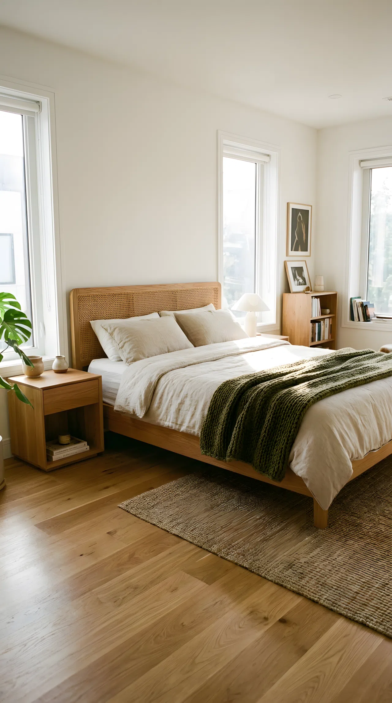 A real-life interior photograph of a bright bedroom featuring a low-profile wooden bed with a neatly made beige linen duvet and an elegant woven cane headboard. Bedding accessories are beautifully arranged with an olive throw blanket. Beside the bed, a clean timber nightstand holds a small ceramic plant. Bright natural light floods into the organized, clean room, highlighting vibrant organic wood textures.