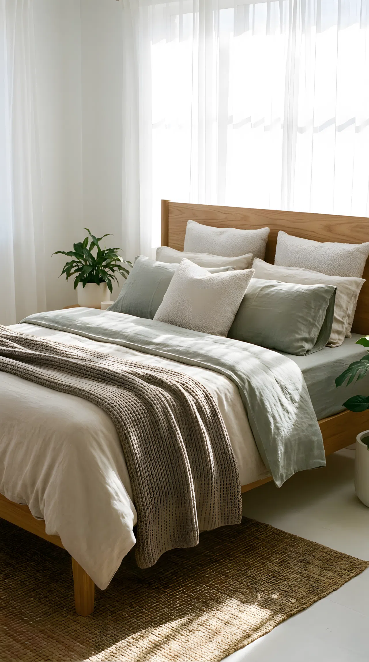 Interior stock photography of a neatly made bed styled with layered washed linen sheets in soft beige and muted sage green. A chunky knit taupe throw blanket is beautifully arranged across the foot of the mattress alongside soft textured pillows. Bright natural light filters through sheer white curtains into the clean, organized room, creating vibrant natural contrast on the cozy bedding.