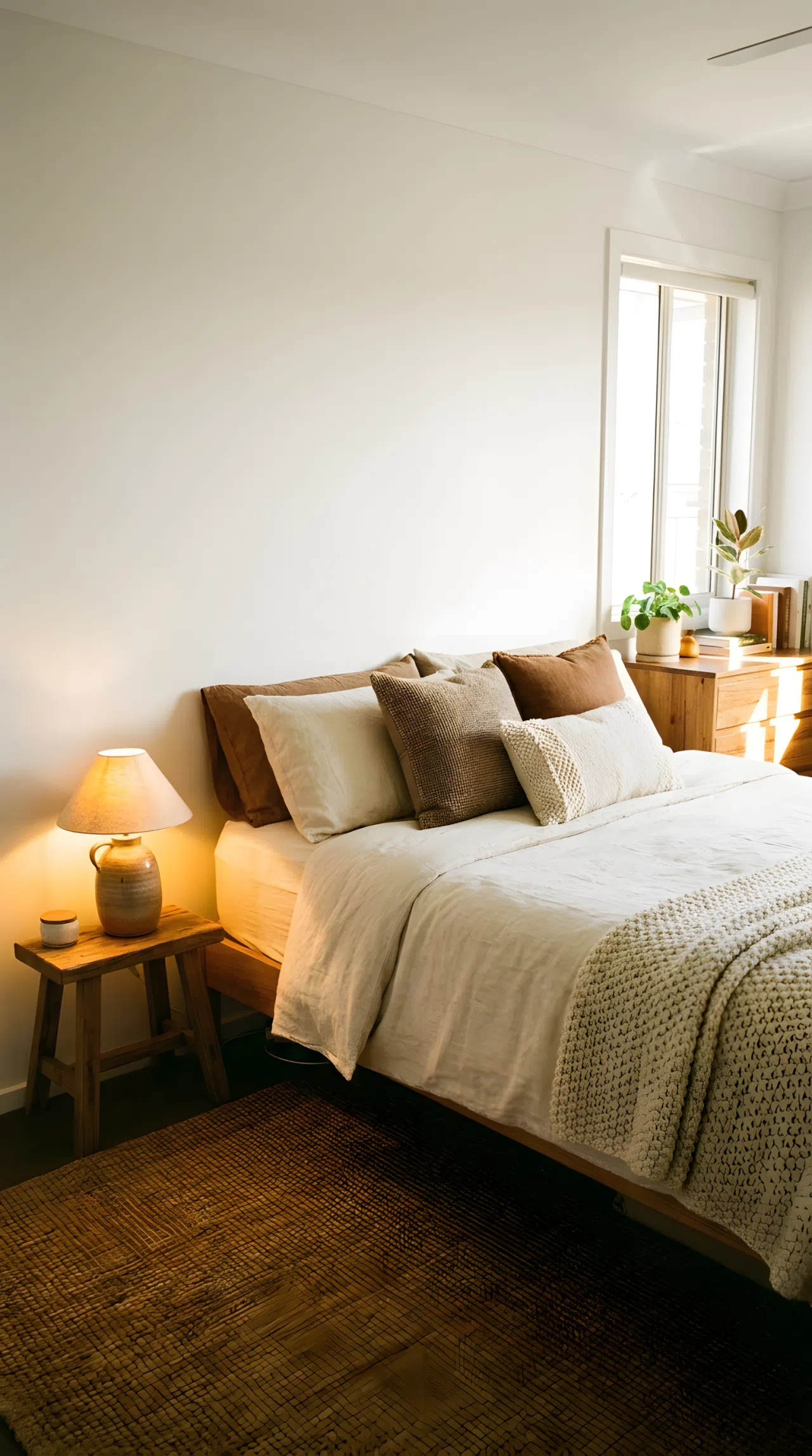 A real-life lifestyle photo of a cozy bedroom featuring a neatly made bed with organic cream bedding and beautifully arranged accent pillows. Positioned low on a wooden nightstand directly beside the bed is a handcrafted ceramic lamp emitting a warm golden downward glow across the lower wall and floor. Bright natural light filters softly from the side, casting vibrant warm highlights across the clean, organized room.