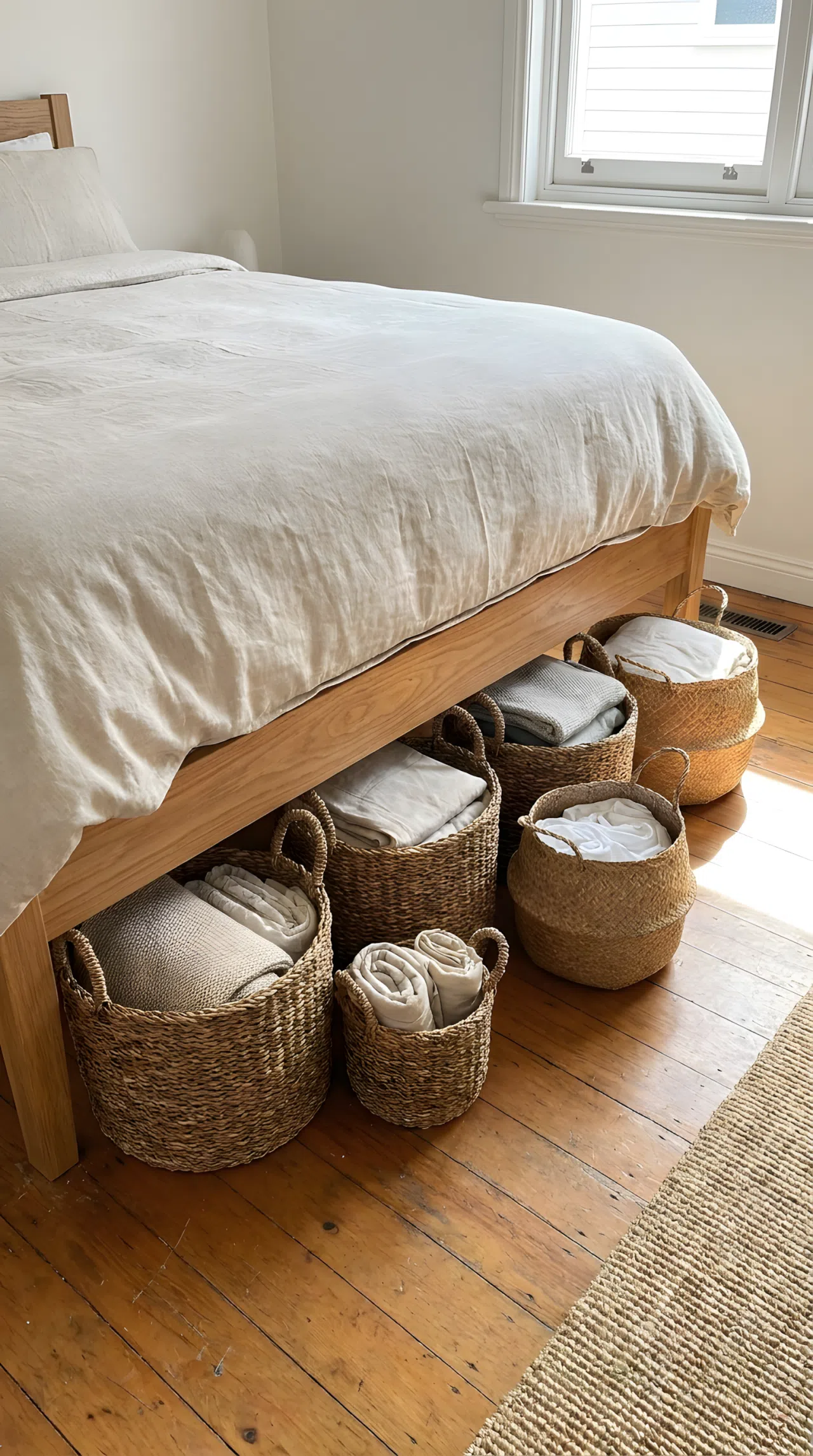 Practical real-life photography of an organized bedroom showing the lower frame of a raised wooden bed with a neatly made linen duvet. Beautifully arranged woven seagrass baskets are stored underneath the bed, holding folded linens cleanly. Bright natural light illuminates the clean timber floor, highlighting the vibrant natural textures of the woven storage containers.