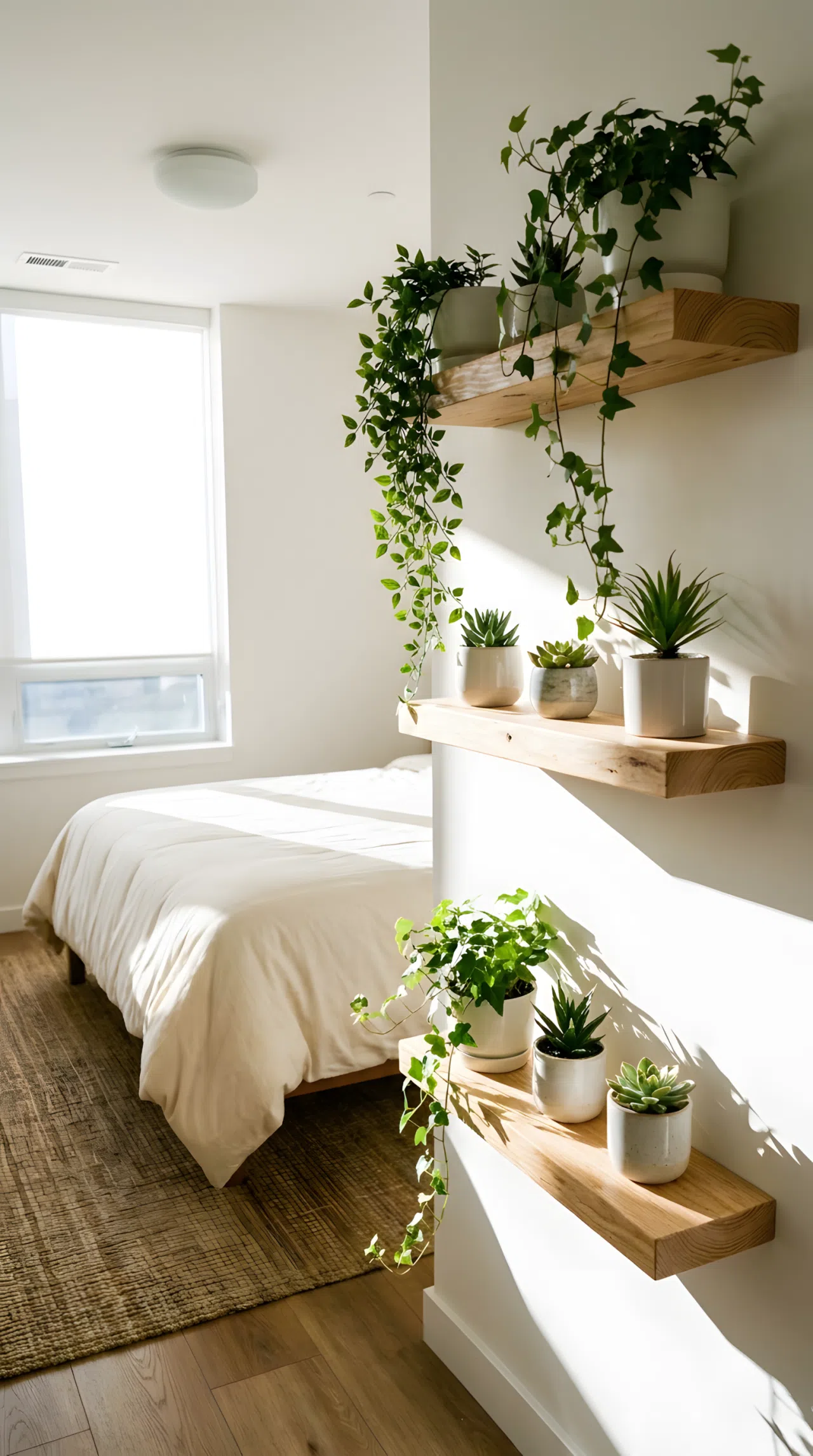 Real-life interior photography of a clean, organized bedroom featuring a neatly made bed with soft cream duvet in the background. Mounted on the wall are floating raw wood shelves beautifully arranged with small potted ceramic succulents and leafy trailing ivy. Bright natural light shines onto the organized display, casting vibrant green and natural wood tones across the spotless room.