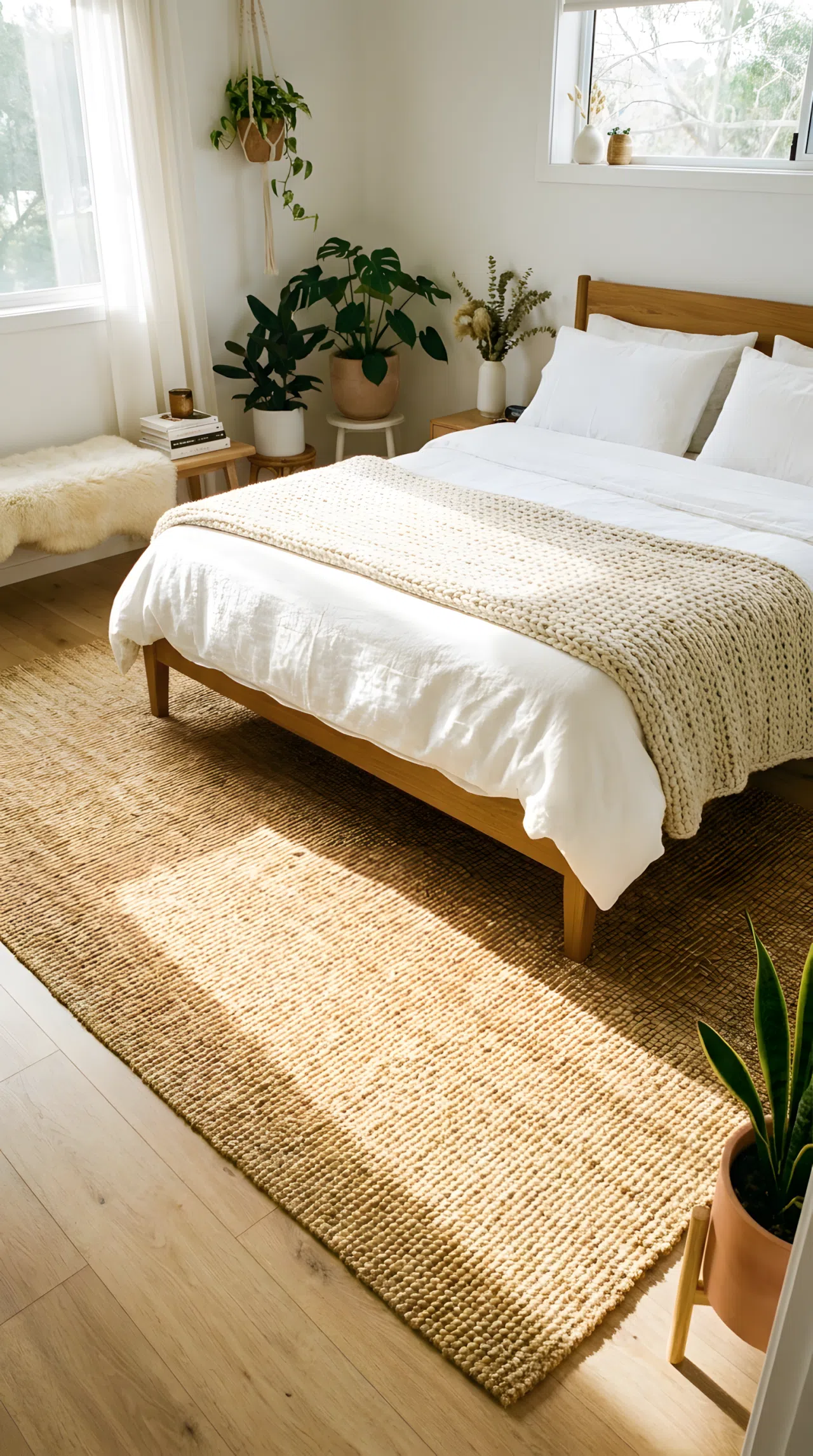 A real-life interior photograph of a cozy bedroom centered around a neatly made wooden bed frame with crisp white linen sheets. Anchoring the bed on the light timber floor is a large, beautifully arranged braided jute area rug with rich woven texture. Bright natural light filters across the organized floor, highlighting vibrant golden natural fibers in a clean, spotless room.