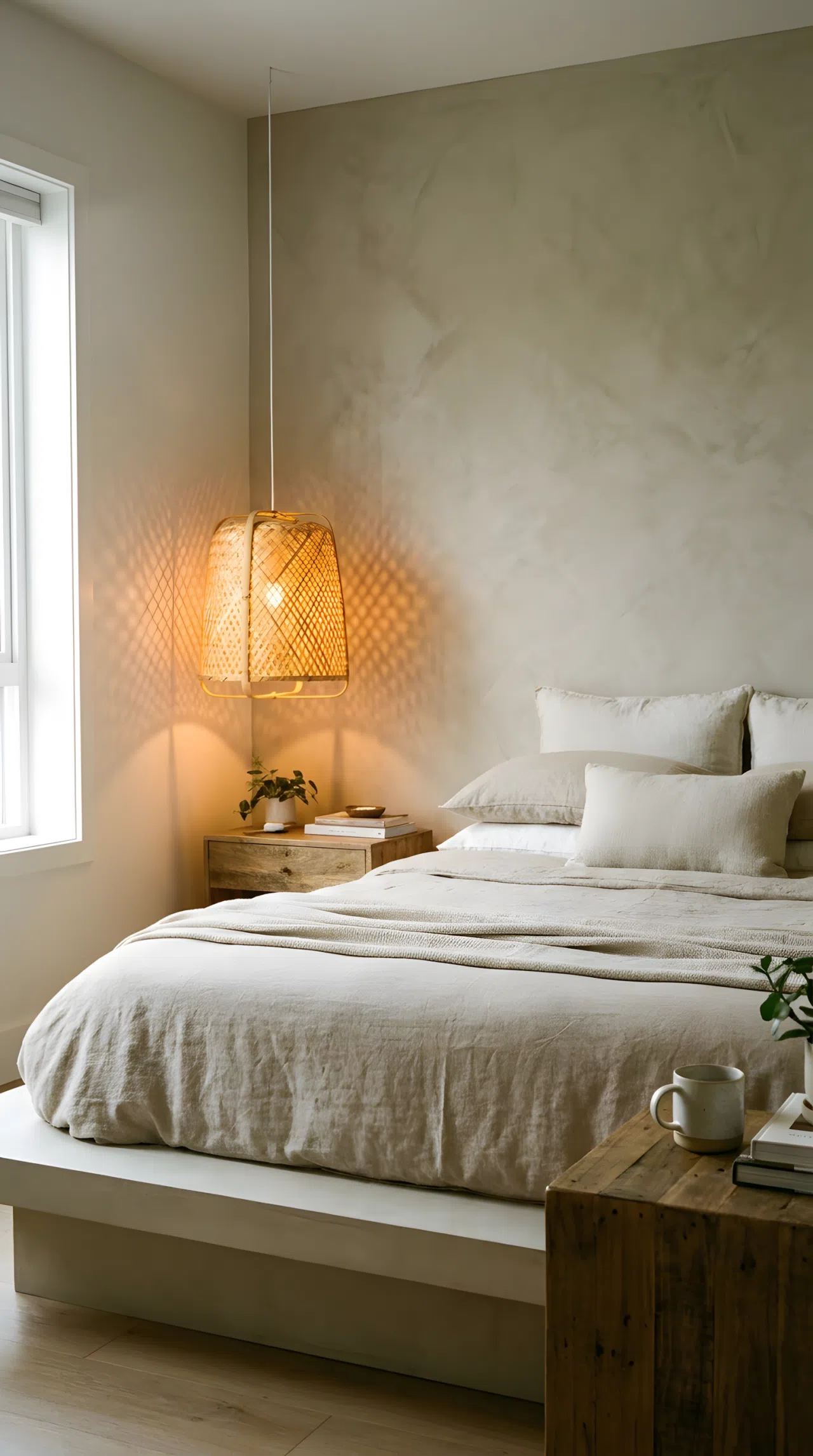 A real-life lifestyle interior photo of a serene bedroom with a neatly made bed styled in beige linen. Suspended low directly over the bedside nightstand is a woven bamboo pendant light glowing with a warm amber light. The lamp casts a downward beam of soft warm light and delicate patterned shadows across the adjacent wall and bed sheet. Bright natural light mingles with the ambient glow in a bright, clean, organized room.