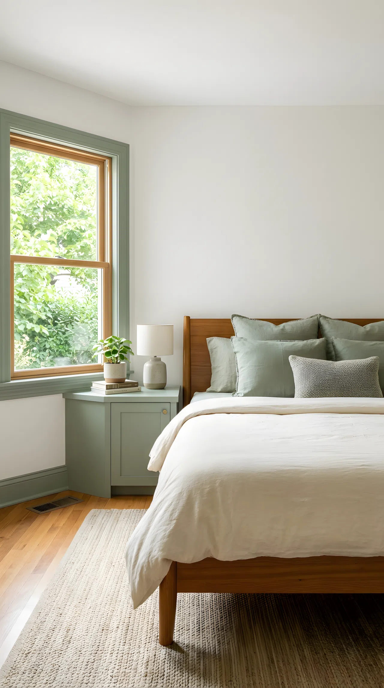 Real-life stock photography of a bright bedroom featuring a neatly made wooden bed with cream-colored duvet and sage green accent pillows. The window frame and side cabinet are finished in a muted sage green paint shade RGB (141, 163, 140). Bright natural light streams through clean glass, highlighting vibrant green foliage and organized wooden furniture in a pristine room.