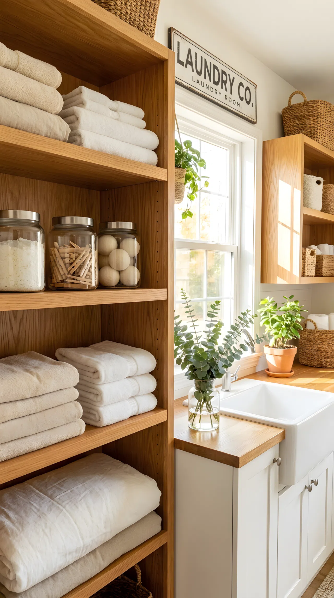 A bright real-life laundry room with open wood shelving, neatly arranged folded linens and glass jars, warm oak tones, beautifully arranged decor, clean and organized surfaces, bright natural light streaming in, Pinterest-ready stock photography style, vibrant and inviting
