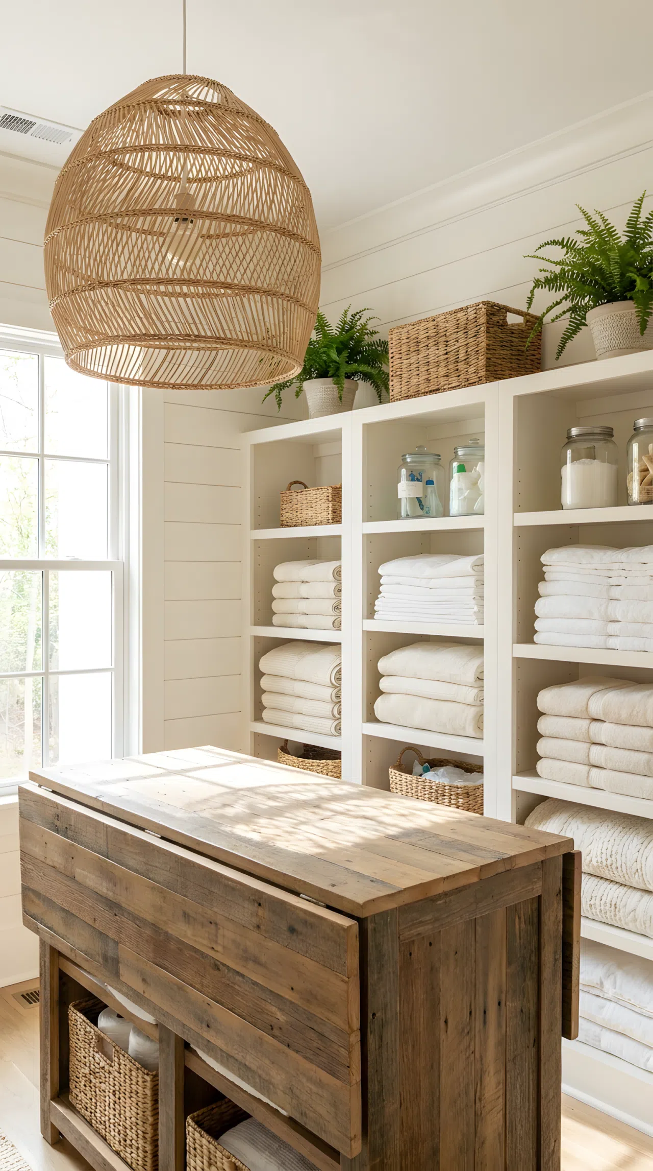 A real-life laundry room with a woven rattan pendant light centered above a folding counter, soft dappled light filtering downward, neatly arranged linens below, clean and organized, bright natural light supplementing the glow, vibrant Pinterest-ready photography, no people