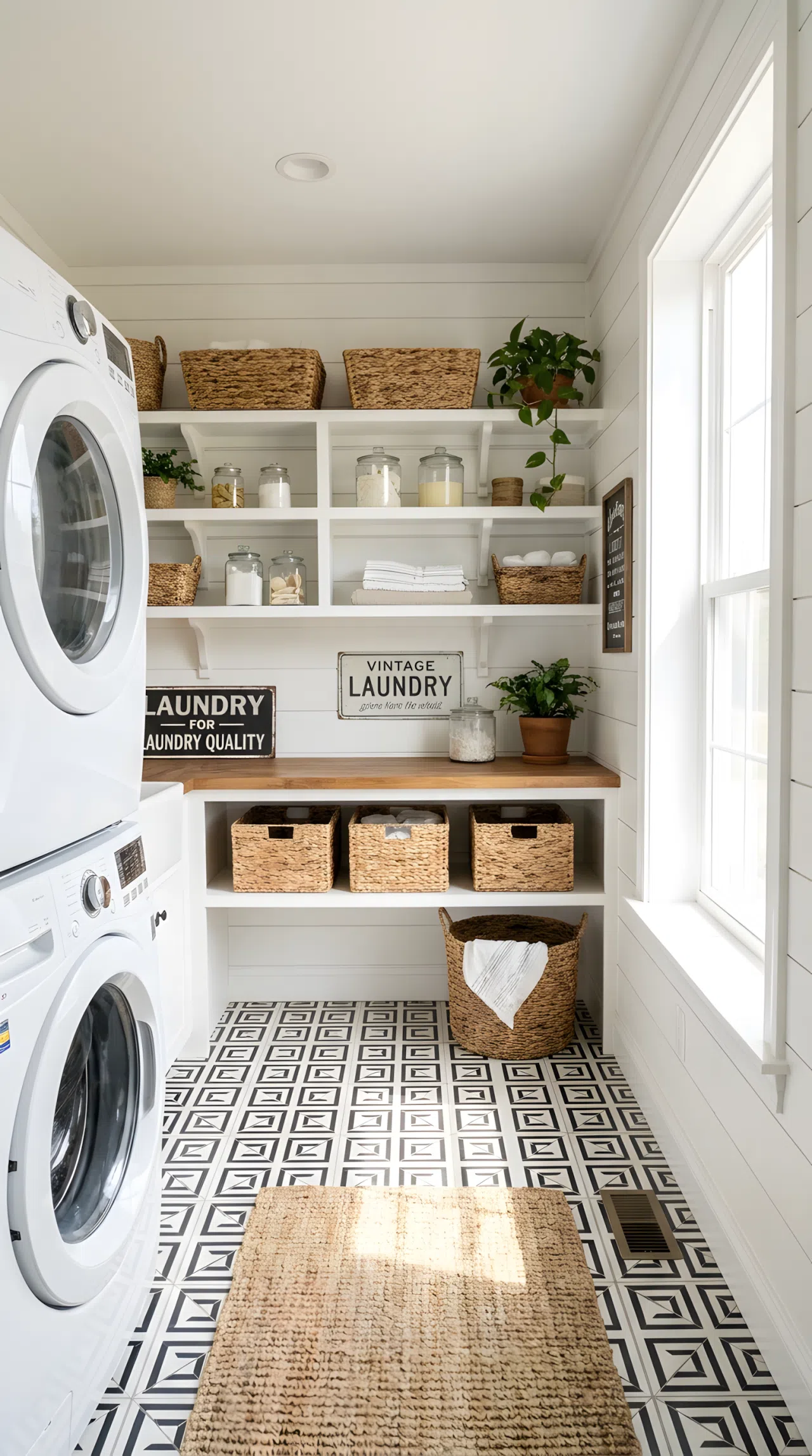A real-life laundry room with black and white art deco geometric tile flooring, simple white walls, neatly organized shelving above, clean and beautifully arranged, bright natural light, vibrant Pinterest-ready stock photography, no people