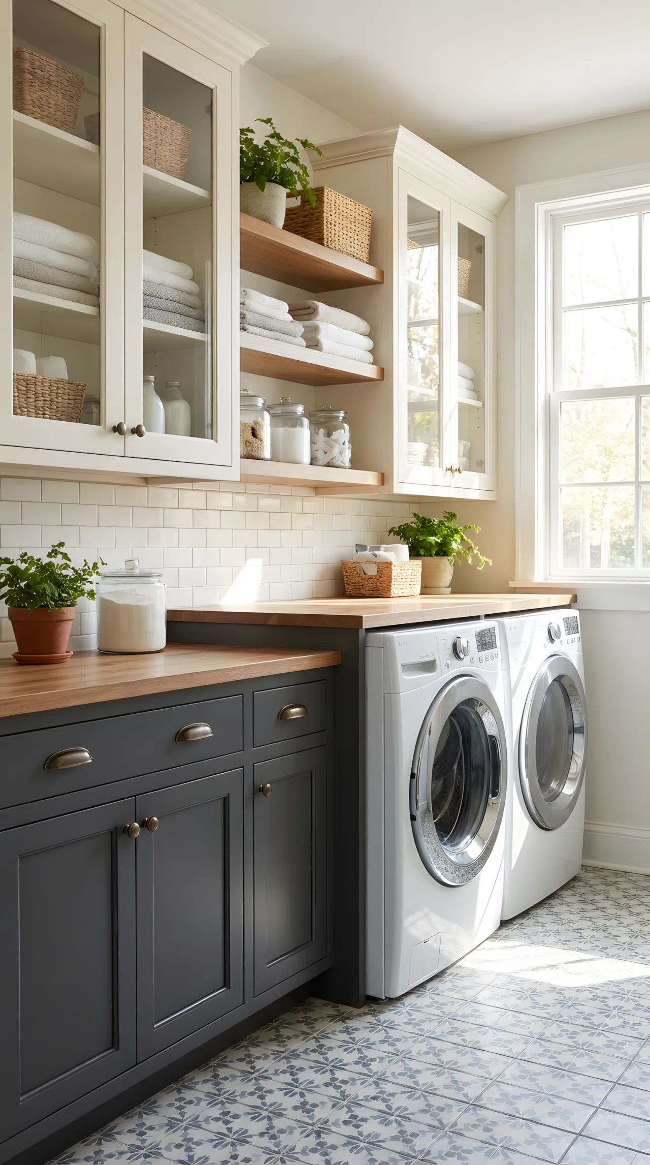 A real-life laundry room with charcoal lower cabinets (RGB 54, 56, 58) and cream upper cabinets (RGB 245, 240, 227), neatly arranged open shelving, clean and organized, bright natural light, beautifully arranged, vibrant stock photography style, no people