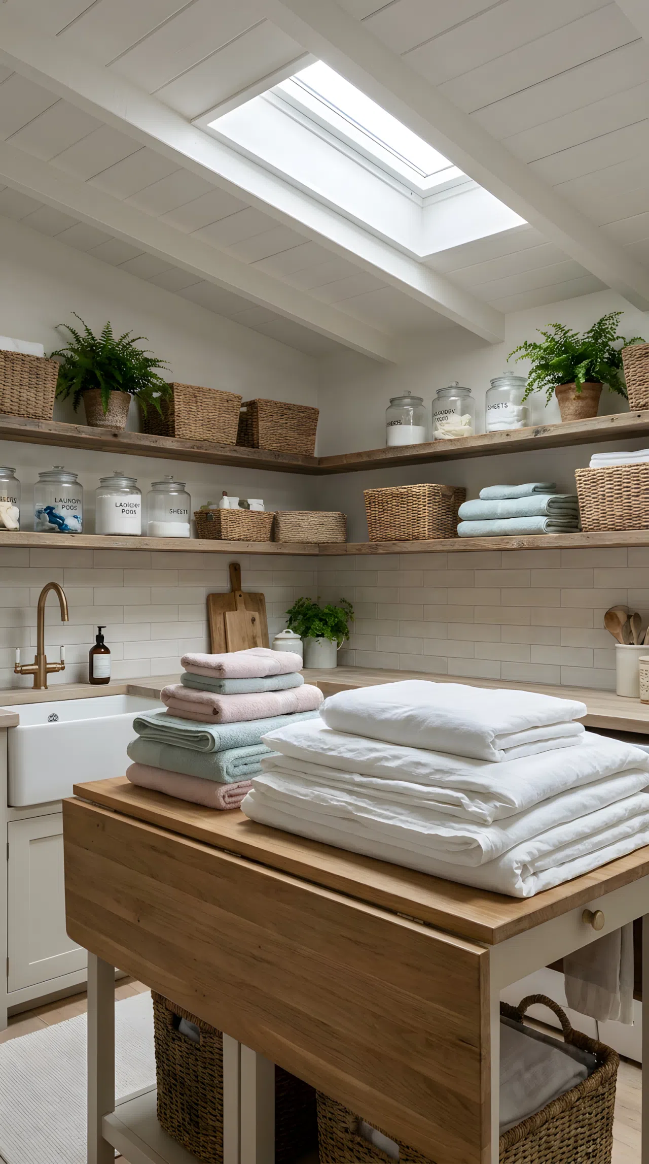 A real-life windowless laundry room with a skylight positioned directly above a folding counter, soft daylight pouring down onto neatly folded linens, clean and organized surfaces, beautifully arranged, vibrant Pinterest-ready photography, no people