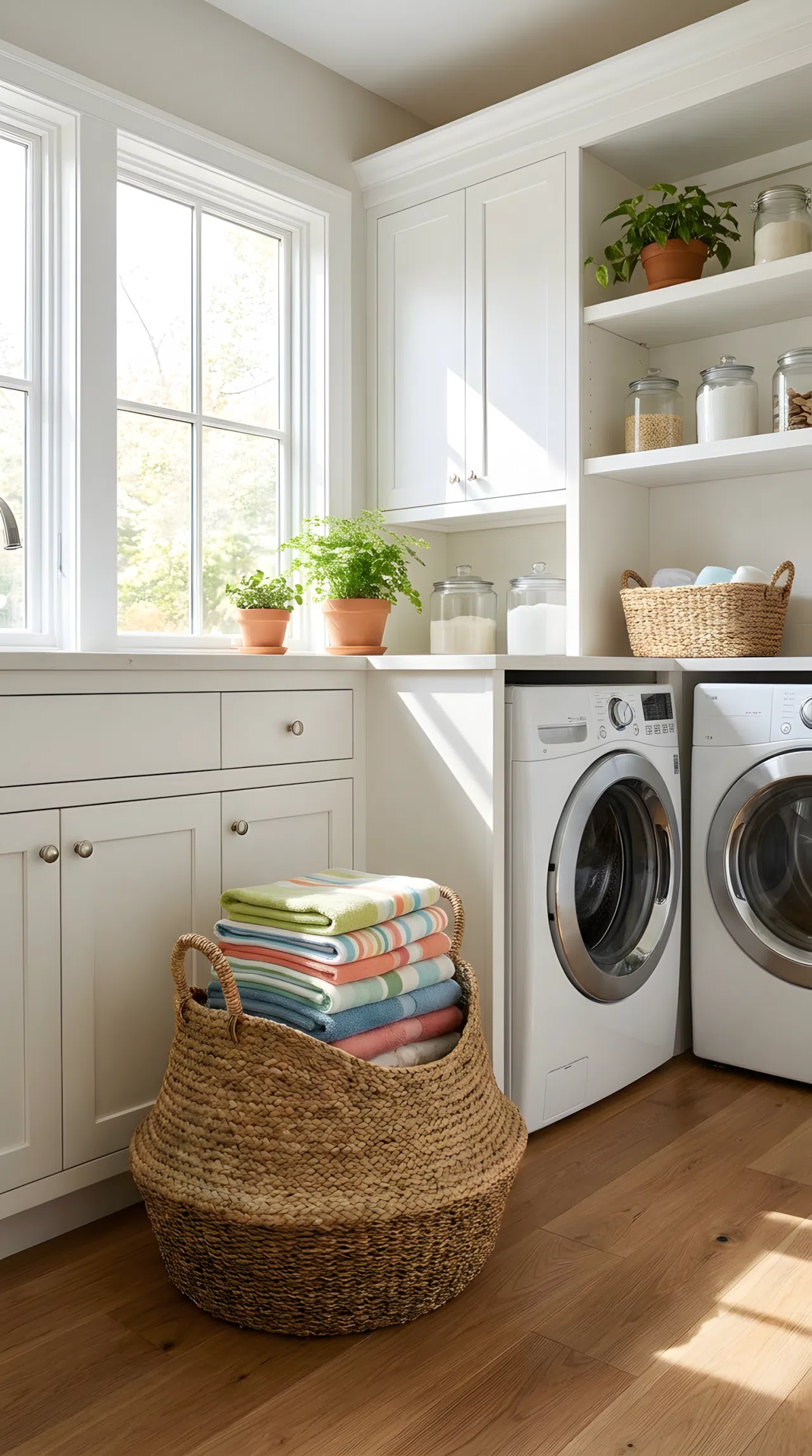 A real-life laundry room with one large sculptural woven basket sitting on the floor beside cabinetry, neatly arranged towels inside, clean and organized space, bright natural light, beautifully arranged, vibrant stock photography style, no people