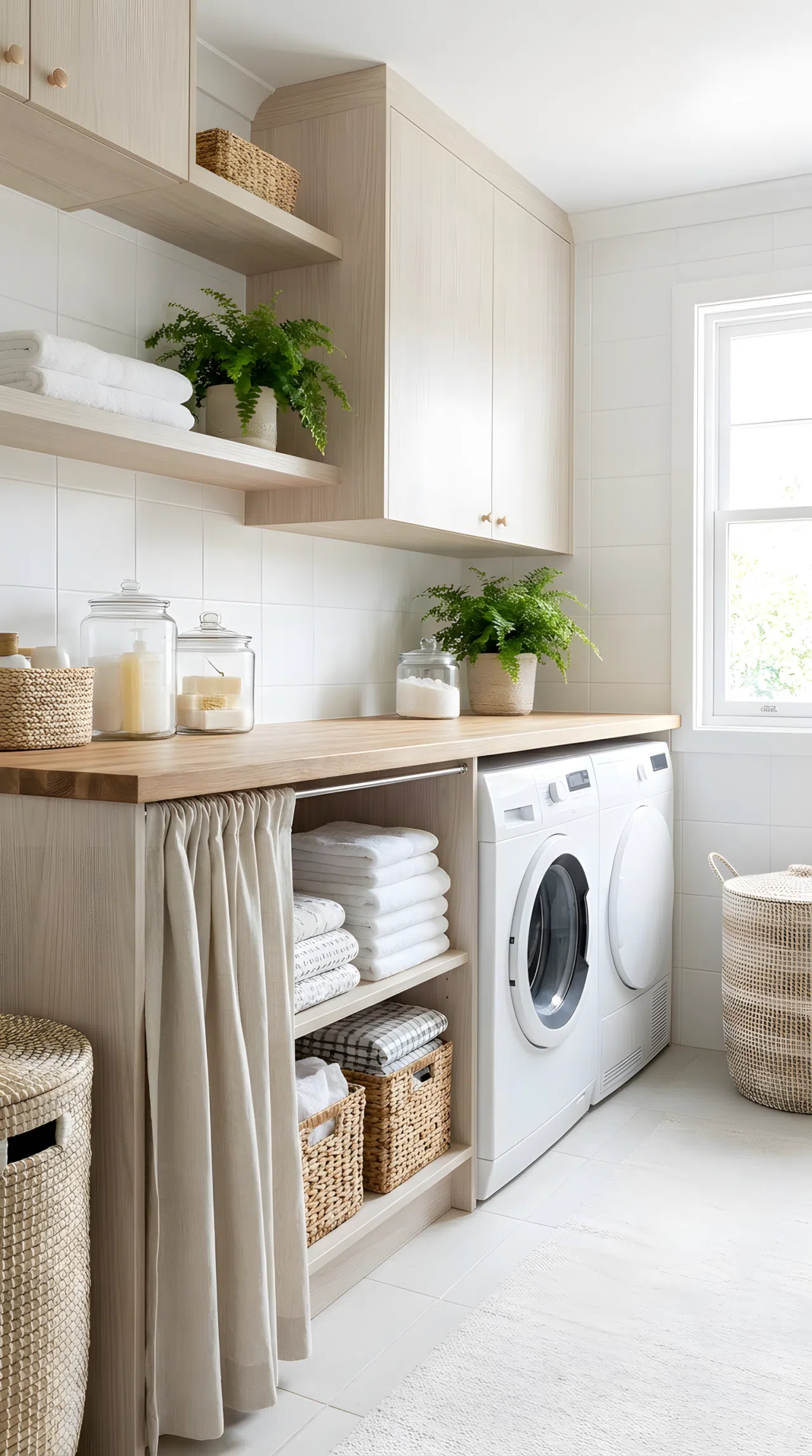 A real-life laundry room with pale ash wood cabinetry and a simple linen curtain covering an open shelf below the counter, neatly folded items visible, clean and beautifully arranged, bright natural light, vibrant Pinterest-ready stock photography, no people