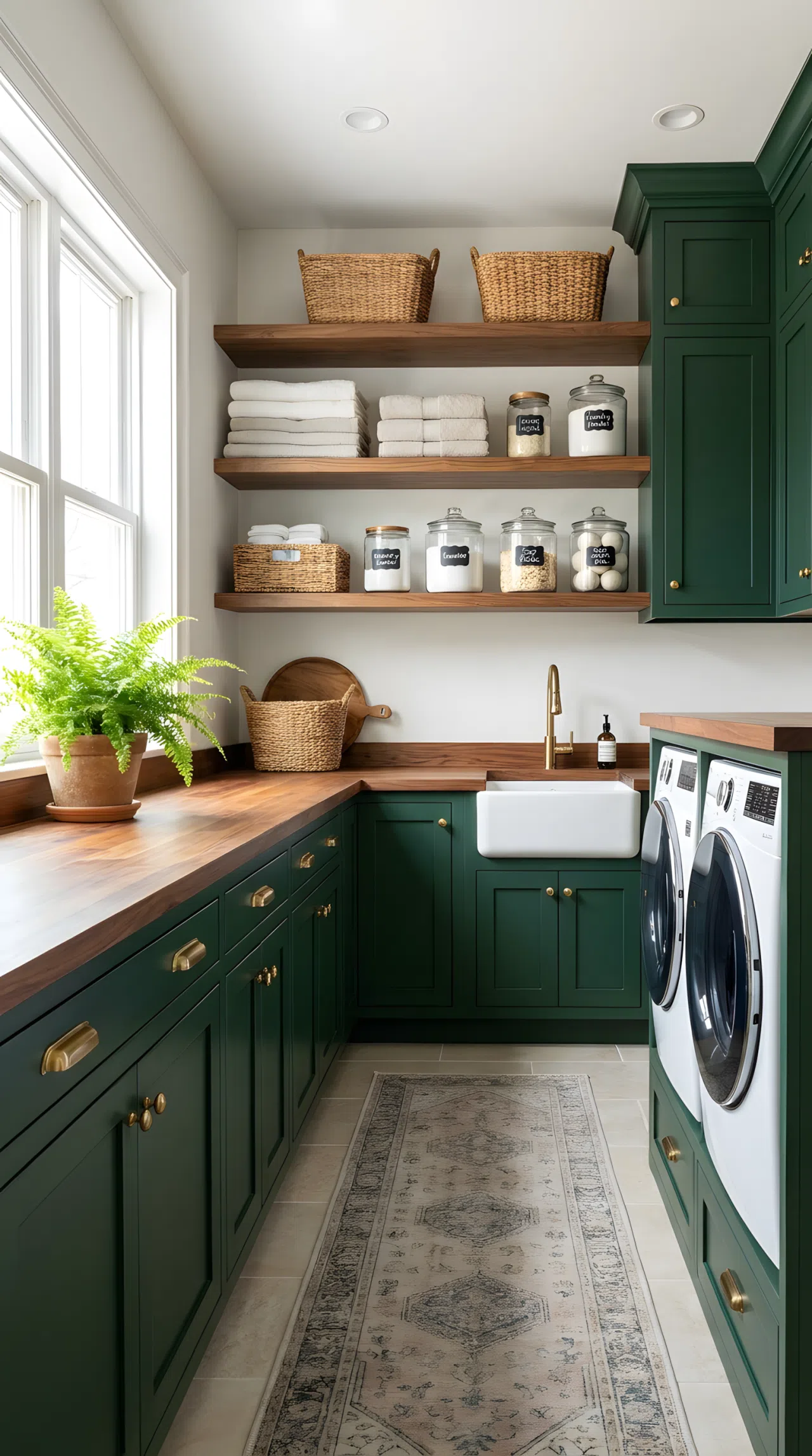 A real-life laundry room with deep forest green cabinetry (RGB 27, 58, 42), warm wood countertop, neatly made shelves, organized cleaning supplies, bright natural light, clean and beautifully arranged, vibrant stock photography style, no people