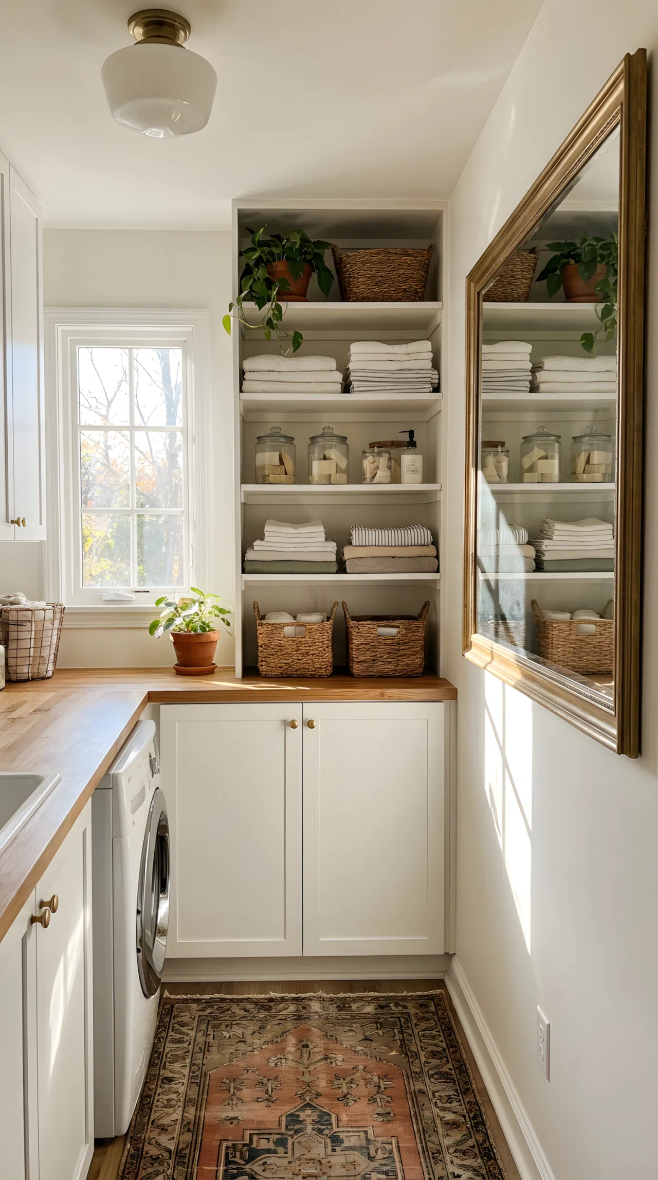 A real-life small laundry room with a mirror positioned opposite a window, sunlight streaming diagonally and reflecting across neatly organized shelves, bright natural light filling the space, clean and beautifully arranged, vibrant Pinterest-ready photography, no people