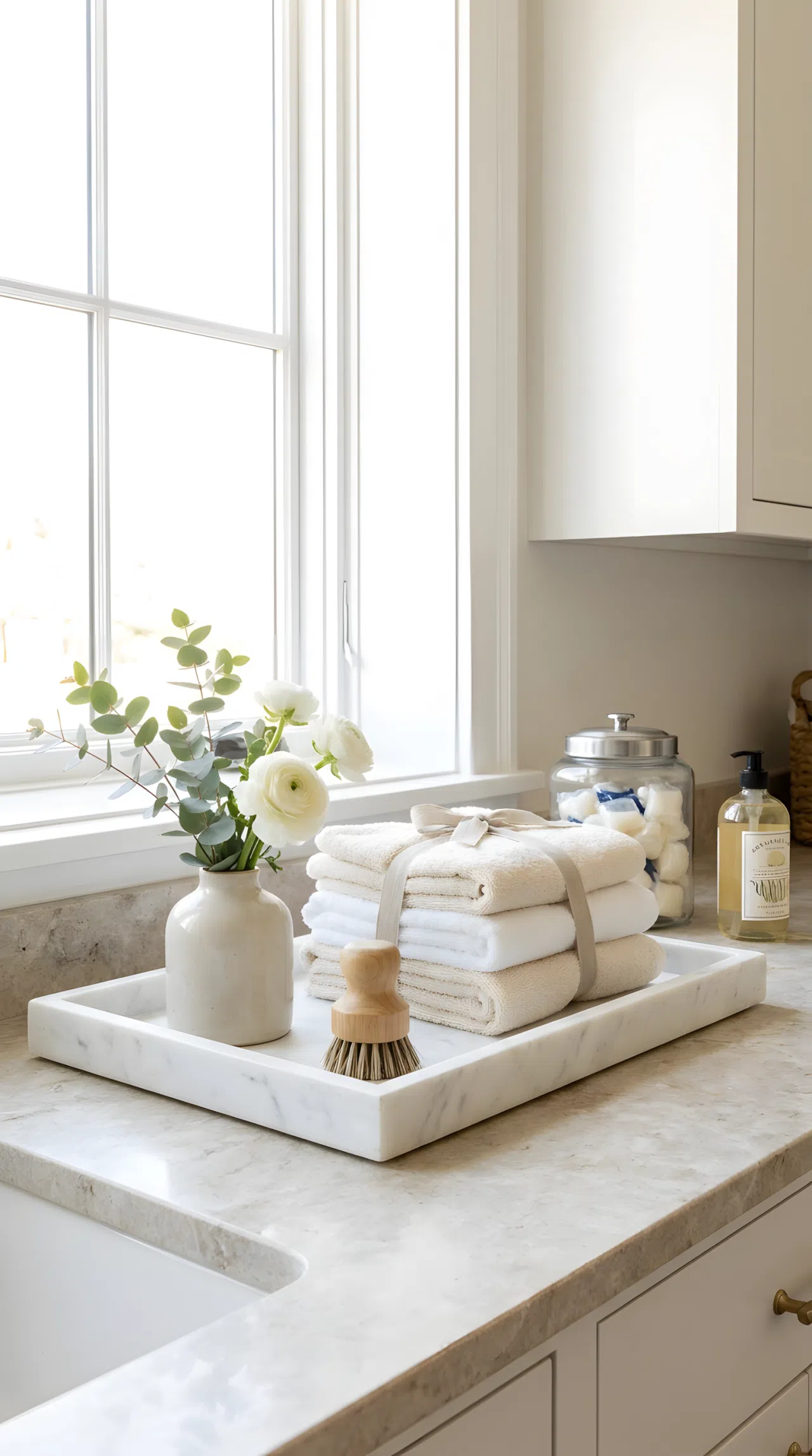 A real-life laundry room countertop styled with a marble tray, small vase, and neatly folded towels, beautifully arranged vignette, clean and organized, bright natural light, vibrant Pinterest-ready stock photography, no people, no text overlays