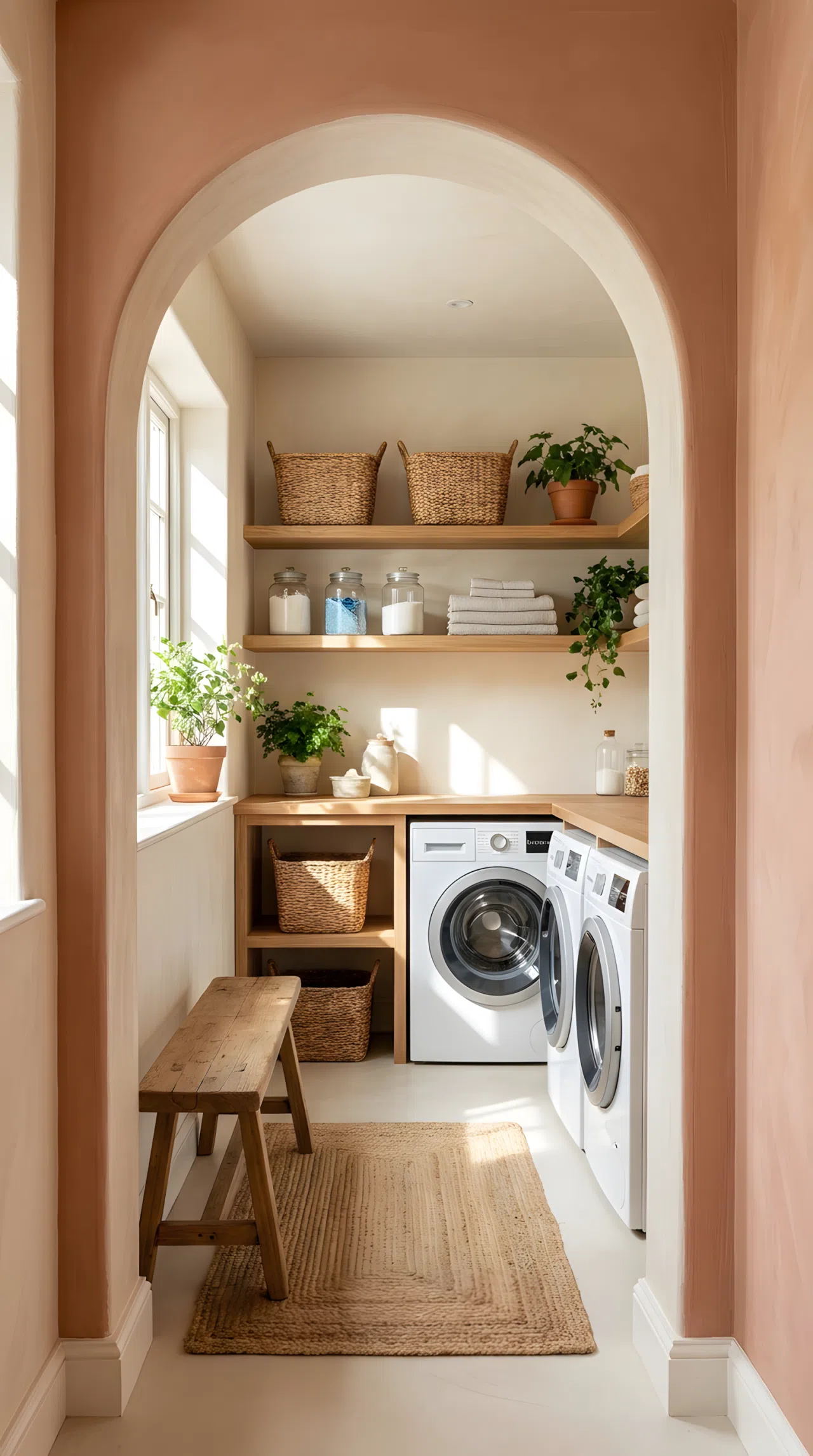 A real-life laundry room entrance with a curved archway doorway, soft warm wall tones, neatly organized shelves visible beyond, beautifully arranged, clean and bright natural light, vibrant Pinterest-ready stock photography, no people