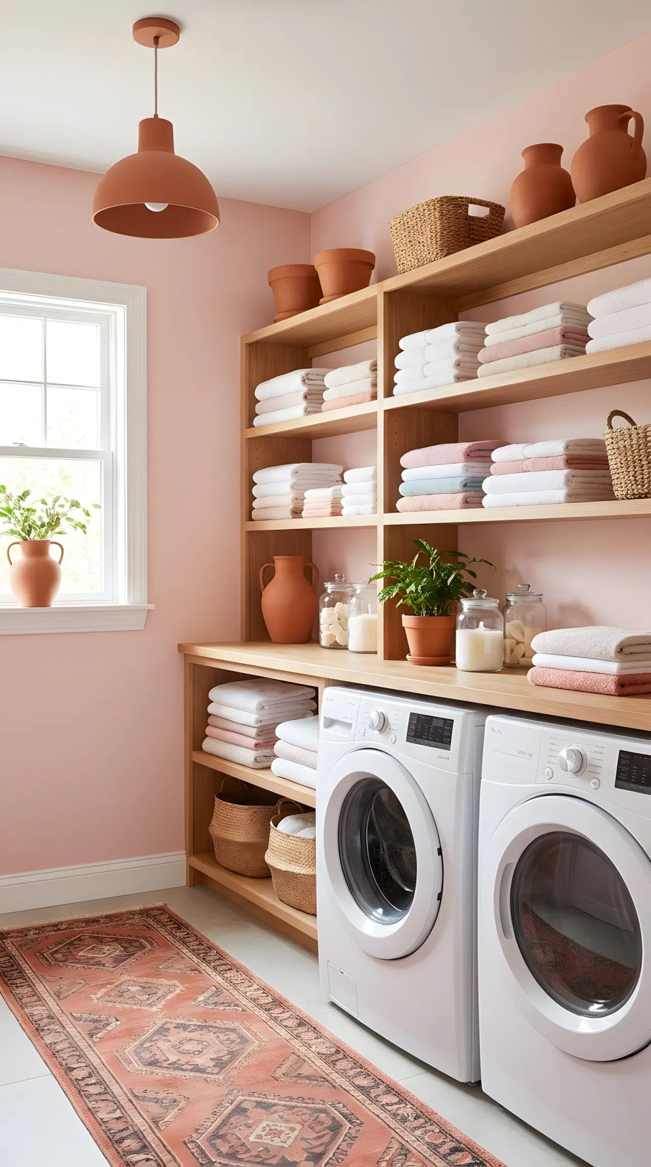 A real-life laundry room with blush pink walls (RGB 232, 200, 197) and terracotta accents (RGB 196, 108, 79), white appliances, neatly folded linens, beautifully arranged, clean and organized, bright natural light, vibrant stock photography, no people