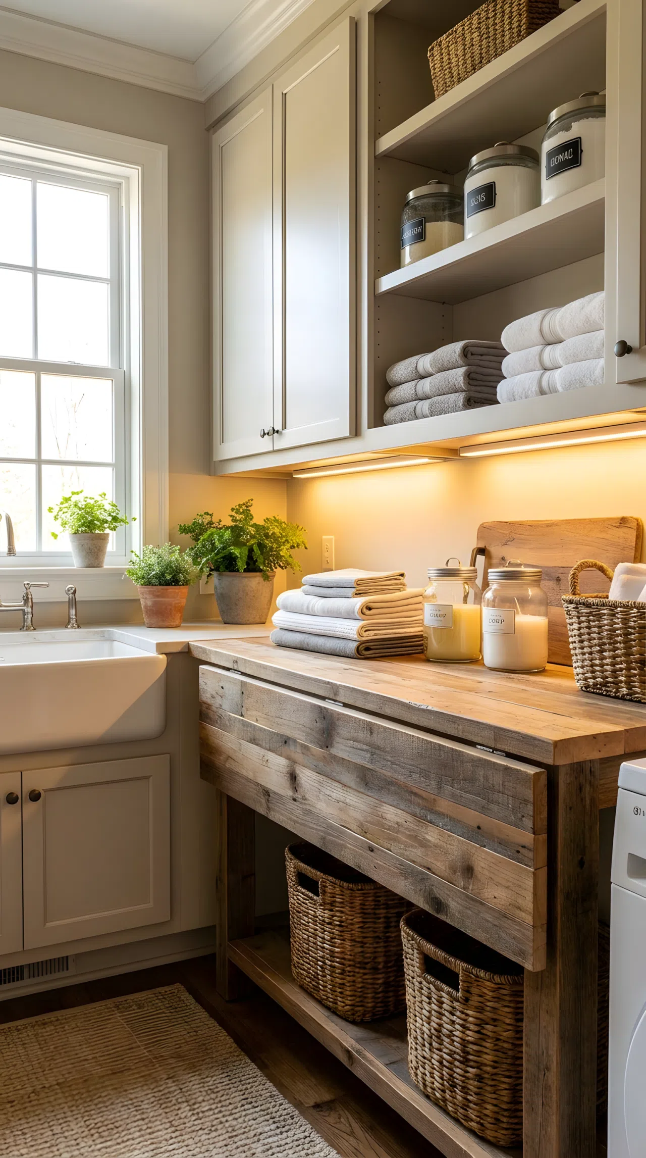 A real-life laundry room with warm under-cabinet task lighting illuminating a folding counter, neatly arranged supplies, soft glow highlighting the workspace, clean and organized, bright natural light from a nearby window, vibrant Pinterest-ready photography, no people