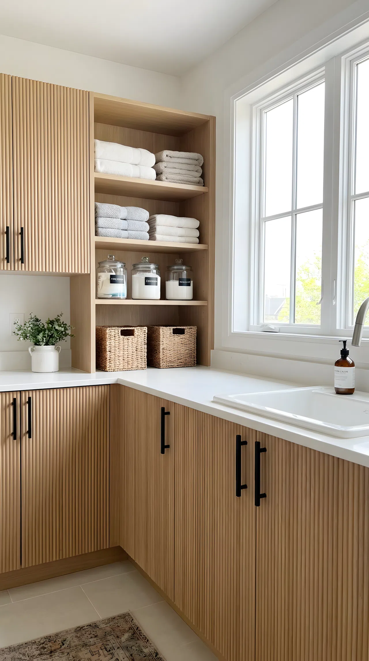 A real-life laundry room with fluted ribbed cabinet fronts, matte black hardware, neatly organized open shelf beside it, beautifully arranged, clean surfaces, bright natural light, vibrant stock photography style, no people