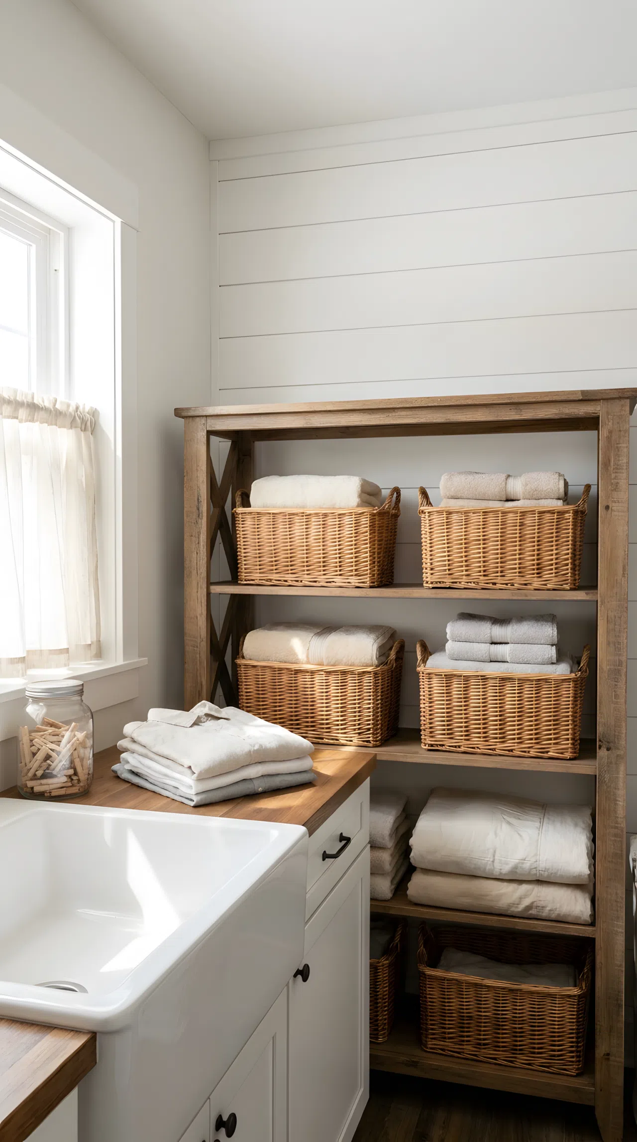 A neatly made farmhouse laundry room with a crisp white shiplap accent wall, wicker basket beautifully arranged on an open wood shelf, folded linens organized in soft neutral tones, bright natural light streaming through a nearby window, clean and vibrant real-life interior, photographed in documentary stock-photo style, no people, no text.