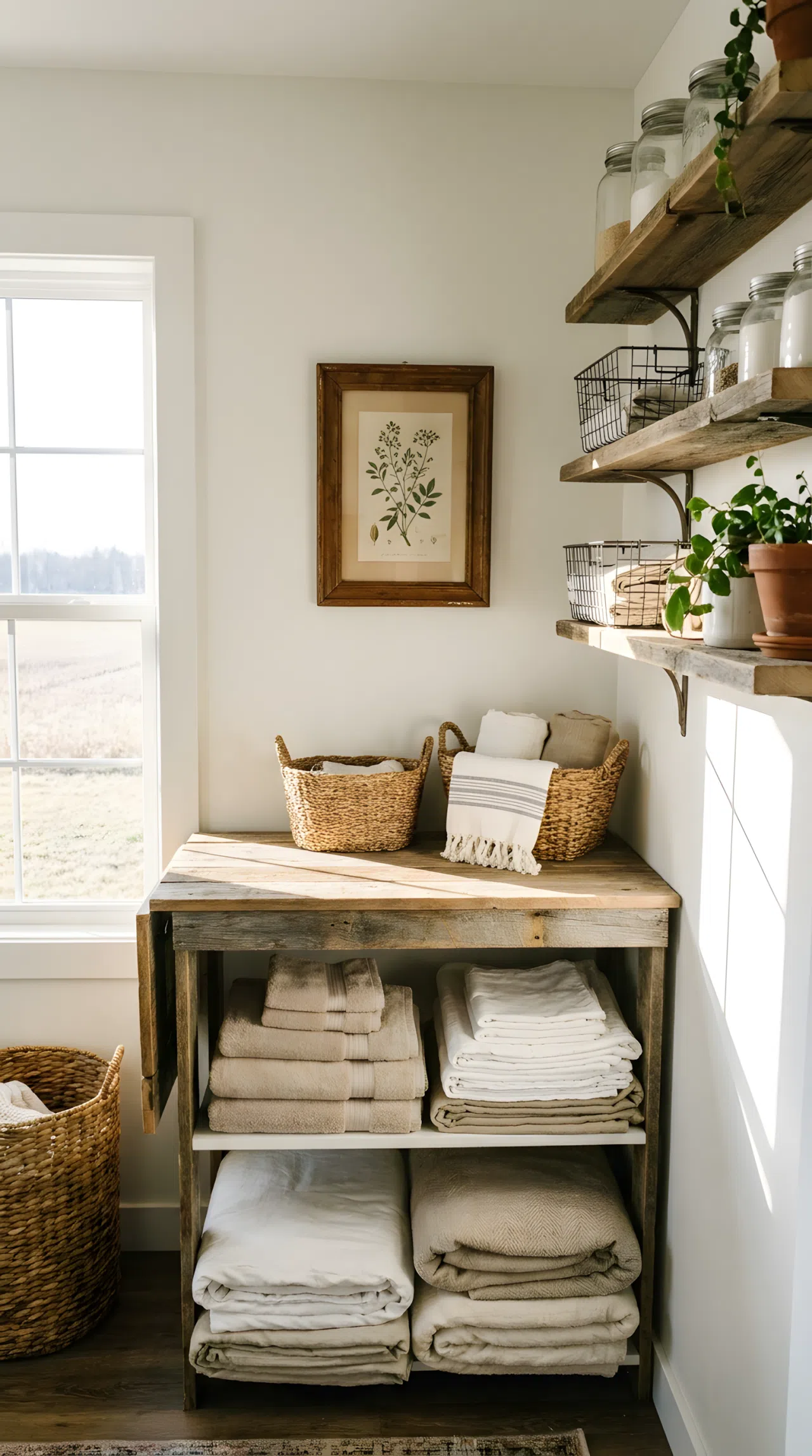 A neatly made farmhouse laundry room with a small vintage-style framed print hung above the folding counter, folded linens beautifully arranged below, wood shelving nearby, bright natural light filling the room, clean and vibrant real-life photography, no people, no text.