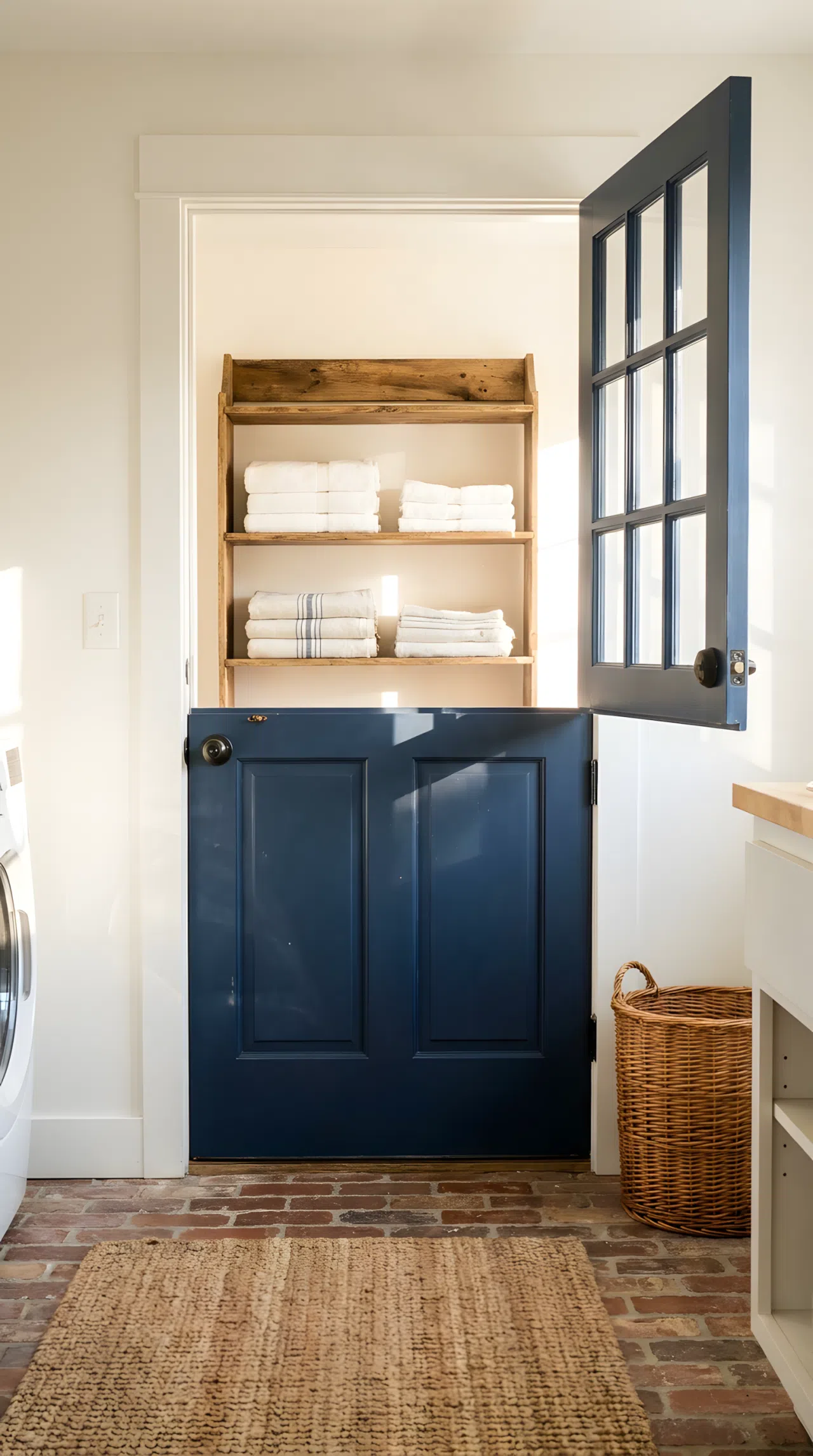 A neatly made farmhouse laundry room entrance with a navy blue Dutch door, top half open, folded towels visible on a shelf beyond, bright natural light spilling through the doorway, clean and vibrant real-life photography, no people, no text.