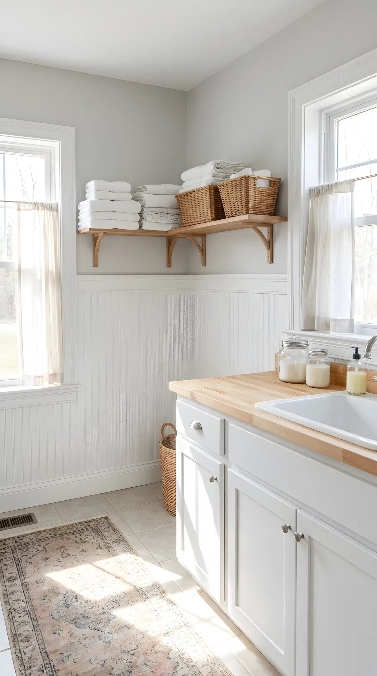 A neatly made farmhouse laundry room with white beadboard wainscoting along the lower wall, folded laundry beautifully arranged on a shelf above, clean countertop nearby, bright natural light filling the room, vibrant real-life stock photography style, no people, no text.
