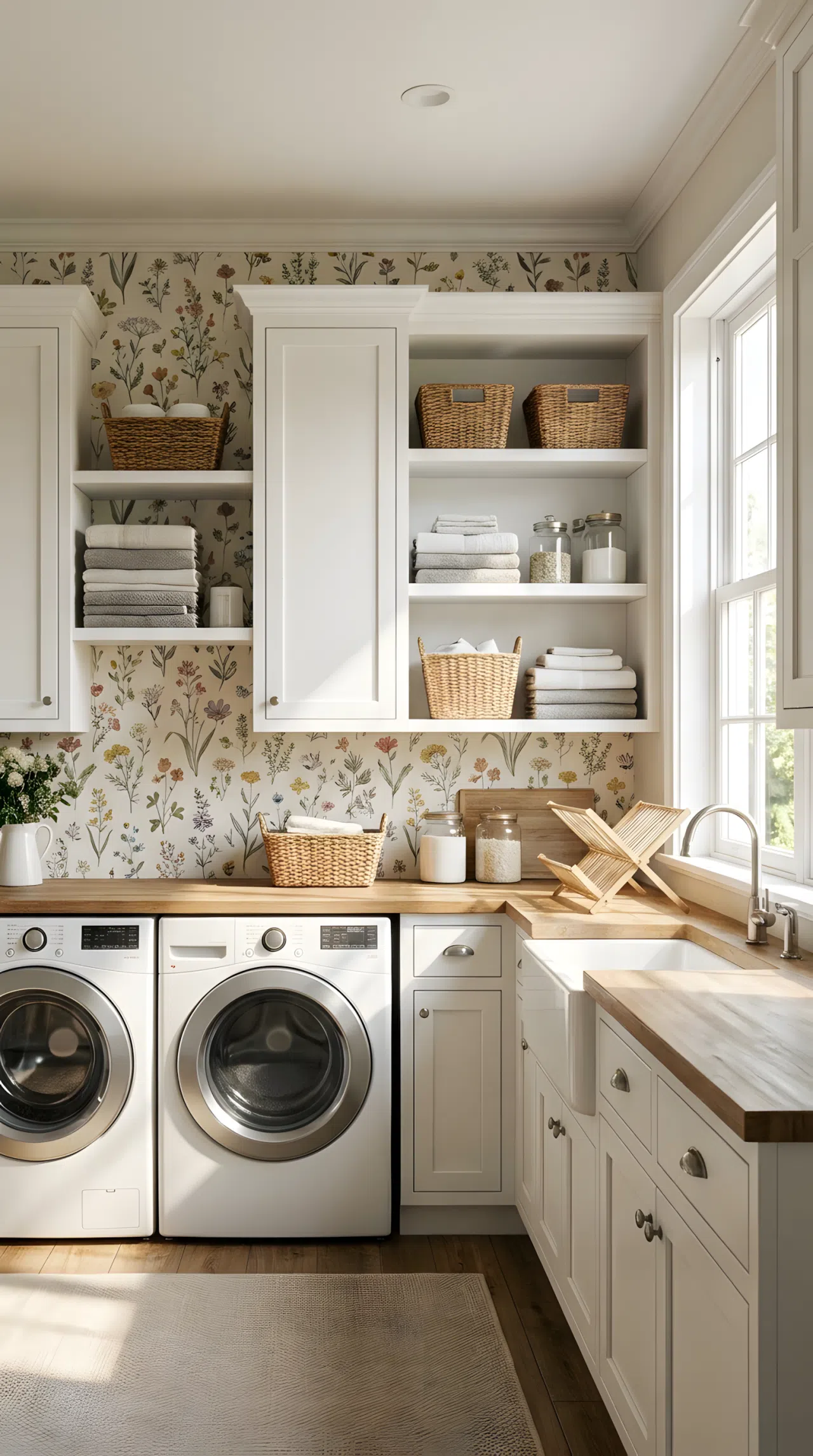 A neatly made farmhouse laundry room with a floral patterned wallpaper accent wall behind the washer and dryer, white cabinets beautifully arranged nearby, folded towels organized on open shelving, bright natural light filling the space, clean vibrant real-life photography, no people, no text.