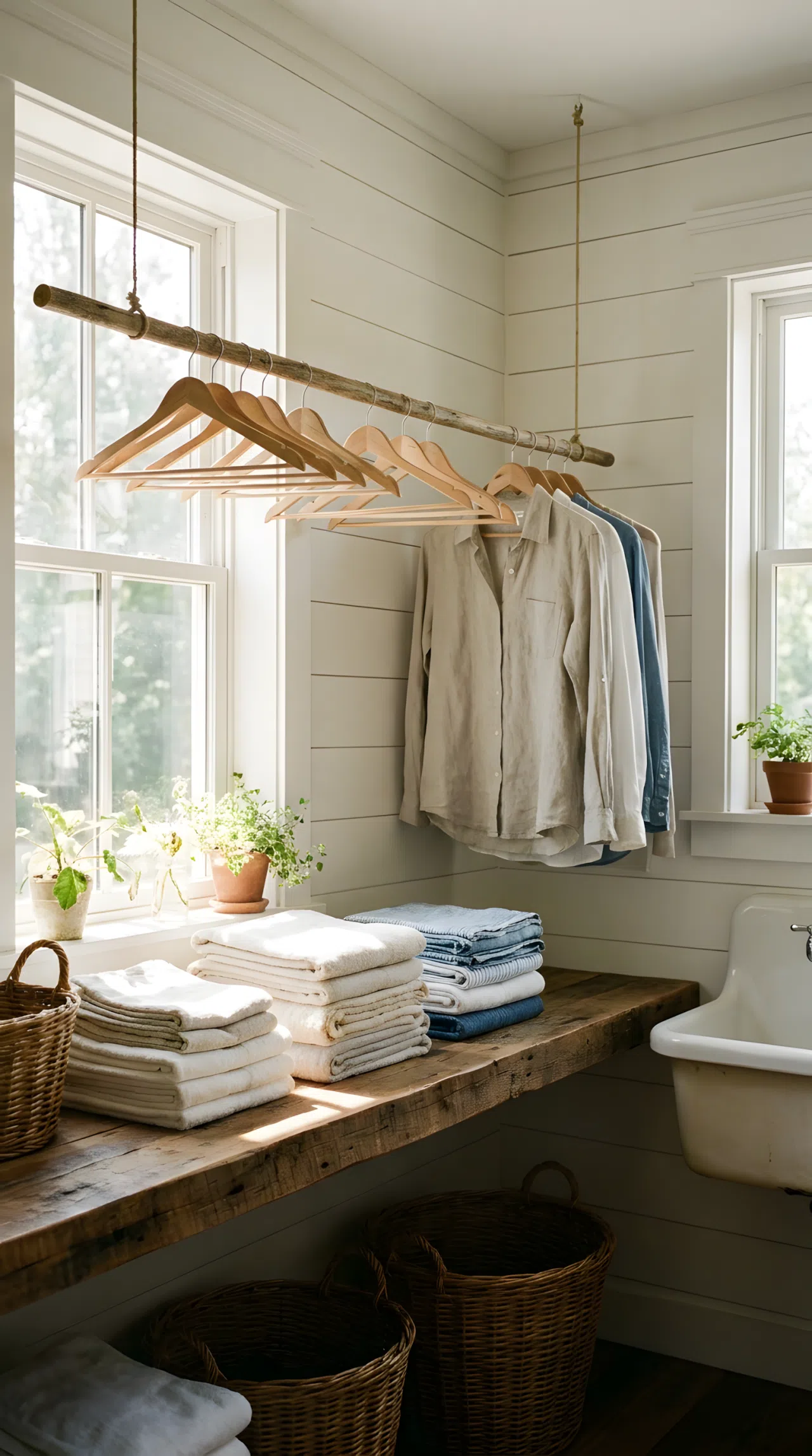 A neatly made farmhouse laundry room with a wall-mounted wood drying rod holding a few hangers, positioned near a window, folded towels beautifully arranged on a shelf below, bright natural light filling the space, clean vibrant real-life photography, no people, no text.