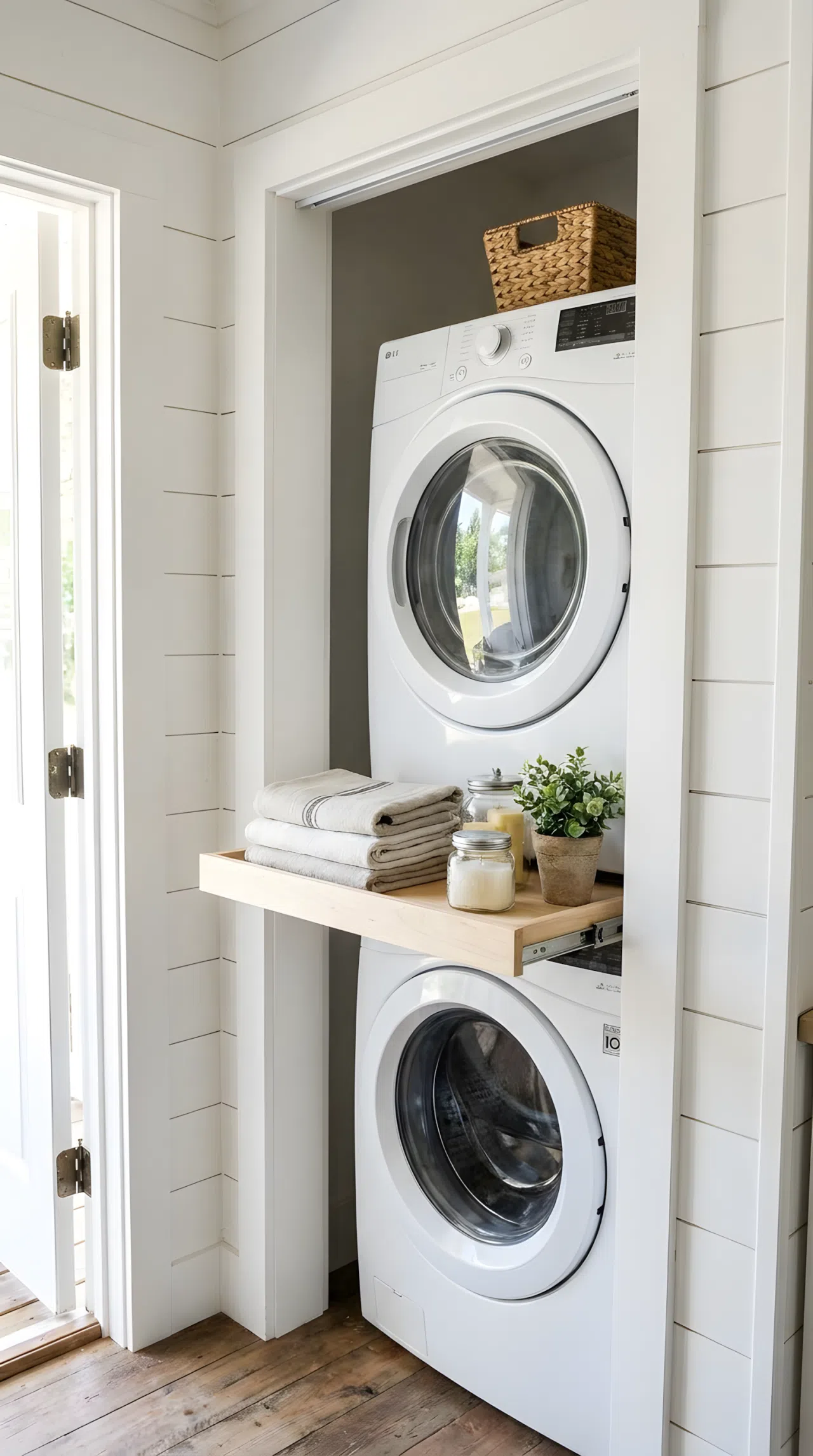 A neatly made narrow farmhouse laundry closet with a stacked washer and dryer, a slim pull-out wood shelf beautifully arranged, small woven basket on top, bright natural light from a nearby doorway, clean and vibrant real-life photography, no people, no text.
