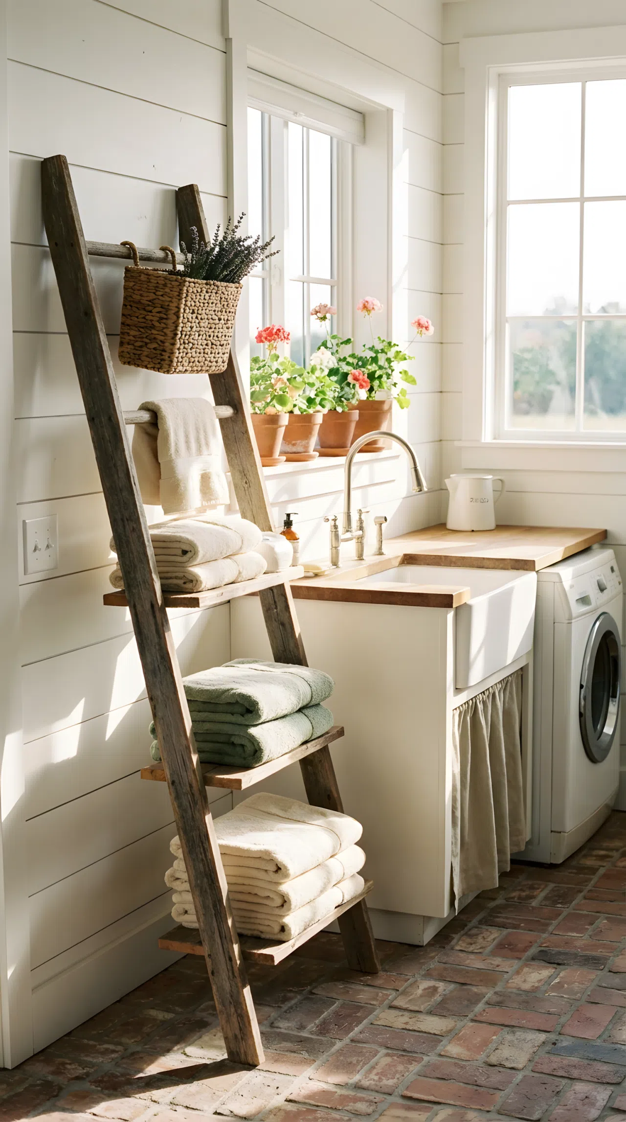 A neatly made farmhouse laundry room with a rustic wood ladder shelf leaning against the wall, folded towels and a small basket beautifully arranged on the rungs, bright natural light filling the space, clean and vibrant real-life photography, no people, no text.