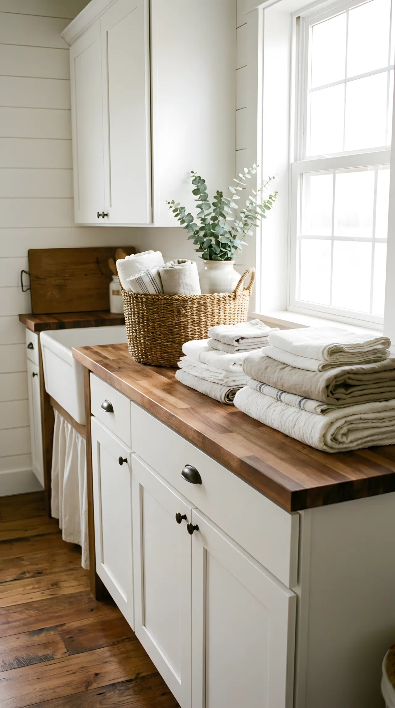 A neatly made farmhouse laundry room with a warm butcher block wood countertop against white cabinets, folded linens beautifully arranged on top, small basket nearby, bright natural light filling the room, clean and vibrant real-life photography, no people, no text.