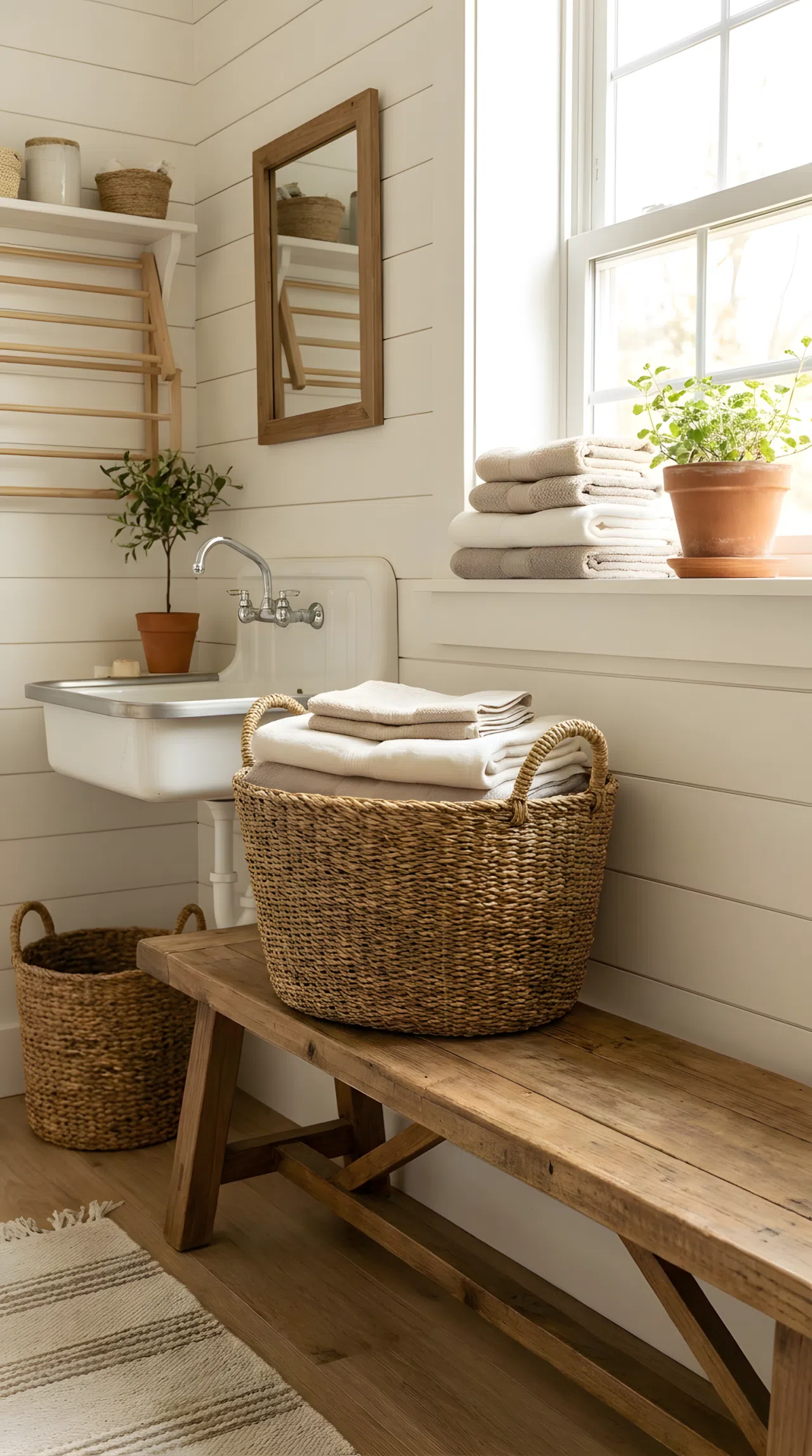 A neatly made farmhouse laundry room with a small wood bench against the wall, a woven basket beautifully arranged on the seat, folded towels nearby, bright natural light through a window, clean and vibrant real-life photography, no people, no text.