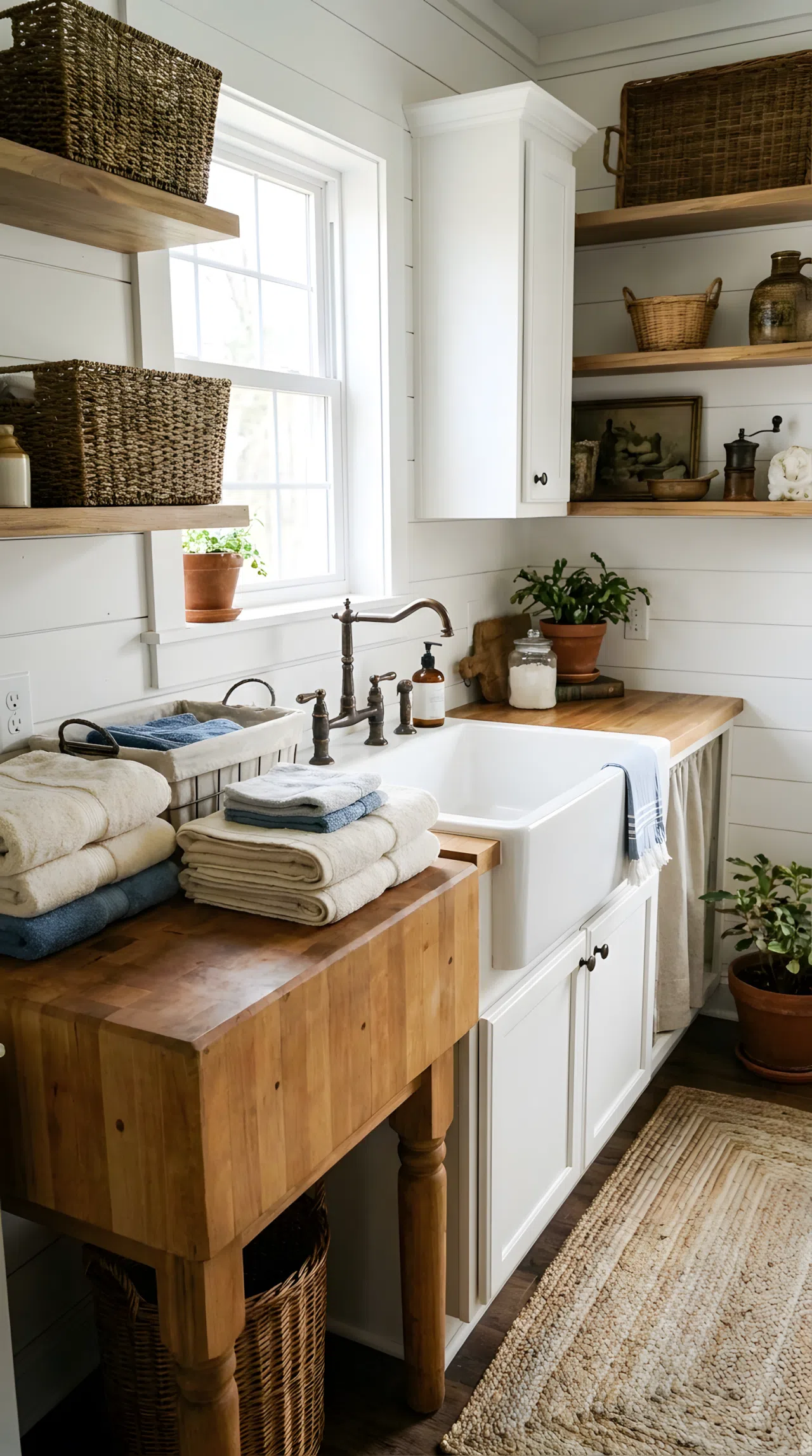 A neatly made farmhouse laundry room featuring a deep white apron-front sink with an aged bronze faucet, folded towels organized beside it, beautifully arranged on a butcher block counter, bright natural light from a window above the sink, clean and vibrant real-life photography, no people, no text.
